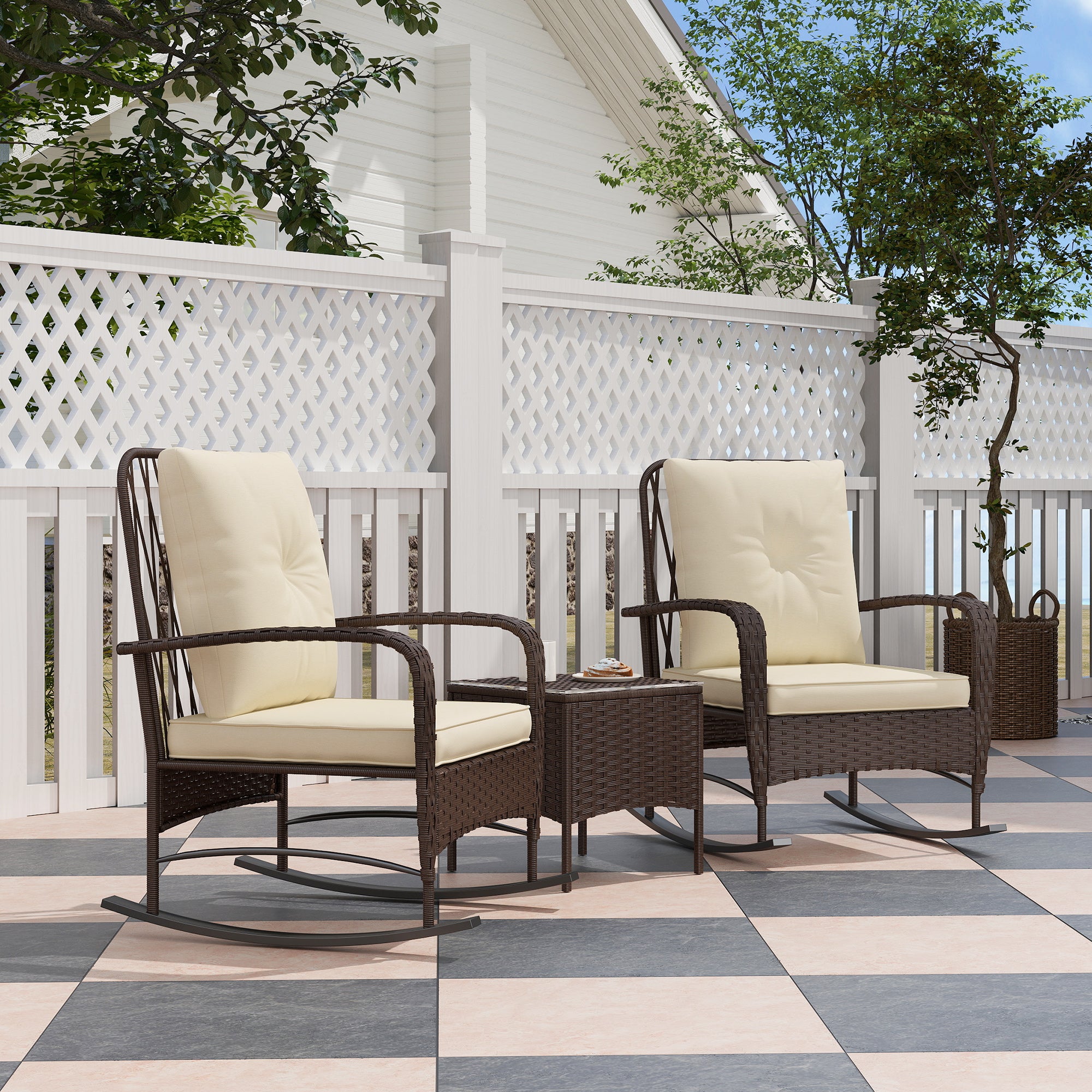 Outsunny Three-Piece Rocking Chair Rattan Bistro Set - Brown - North Peak Garden Furniture