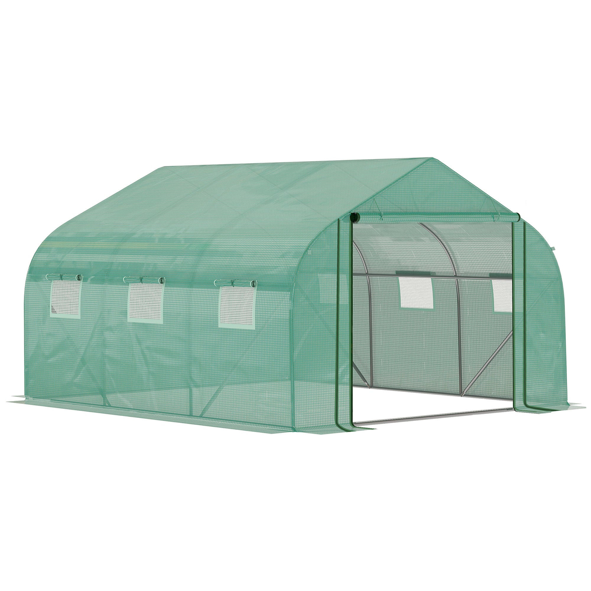 Outsunny Walk-in Polytunnel Garden Greenhouse, Outdoor Mesh Door Greenhouse with PE Cover and 6 Windows, 3.5 x 3 x 2m, Green - North Peak Garden Furniture