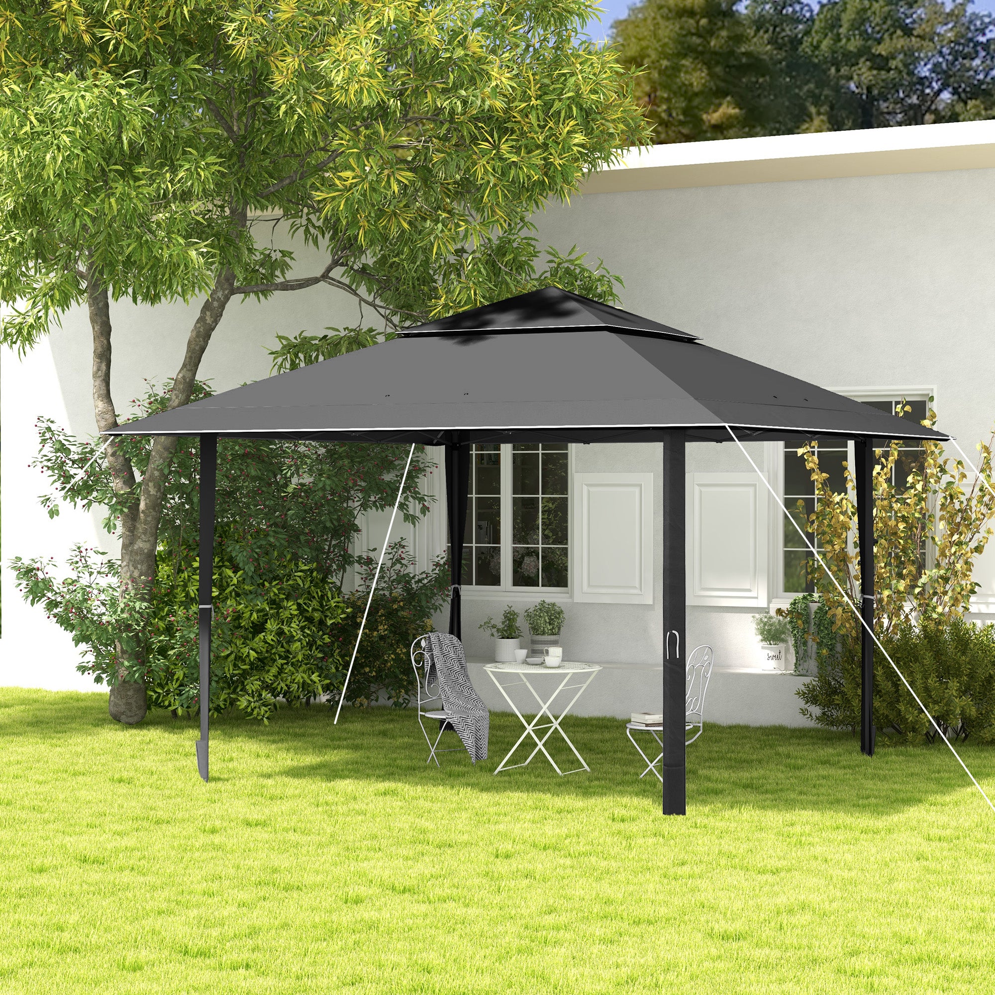 Outsunny 4 x 4m Pop-up Gazebo Double Roof Canopy Tent with UV Proof, Roller Bag & Adjustable Legs Outdoor Party, Steel Frame, Dark Grey - North Peak Garden Furniture