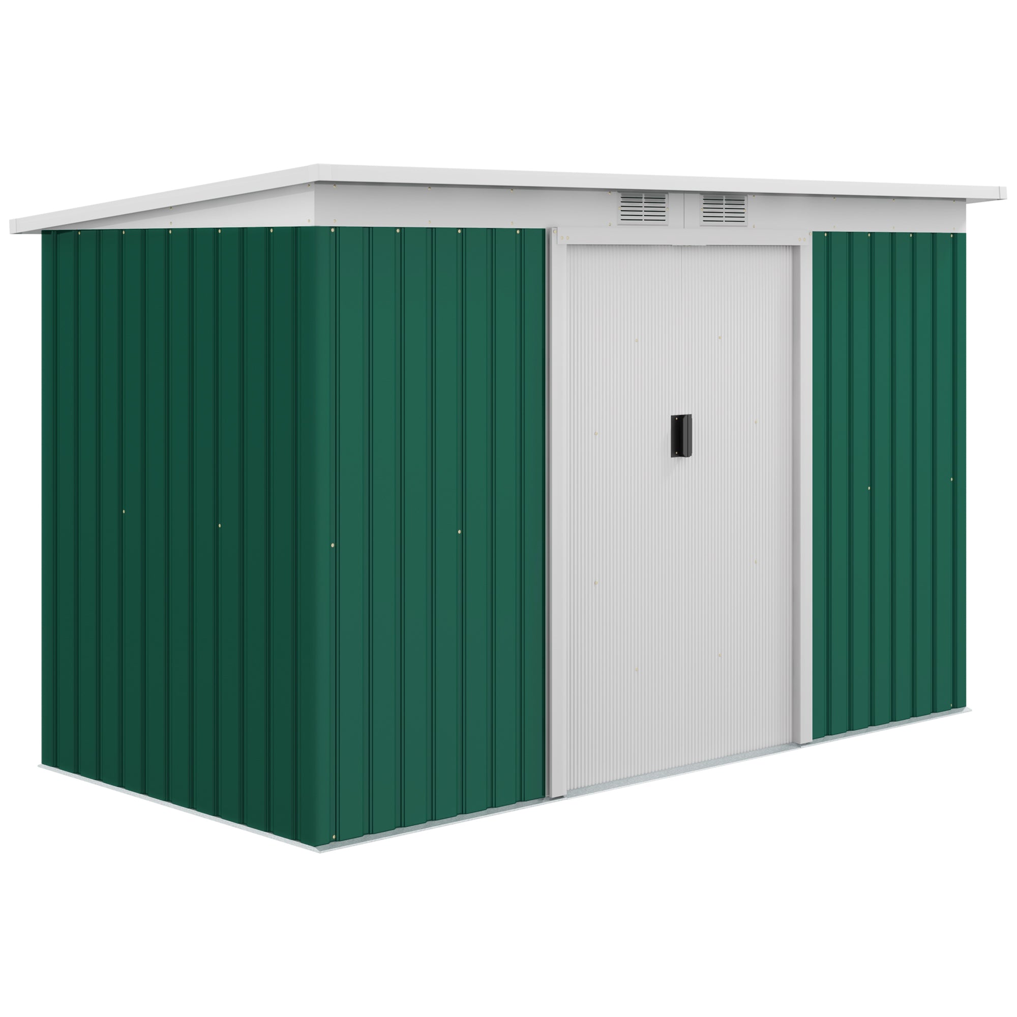 Outsunny 9ft x 4ft Metal Garden Shed, Outdoor Tool House with Foundation Kit, Ventilations and Double Doors, Deep Green - North Peak Garden Furniture