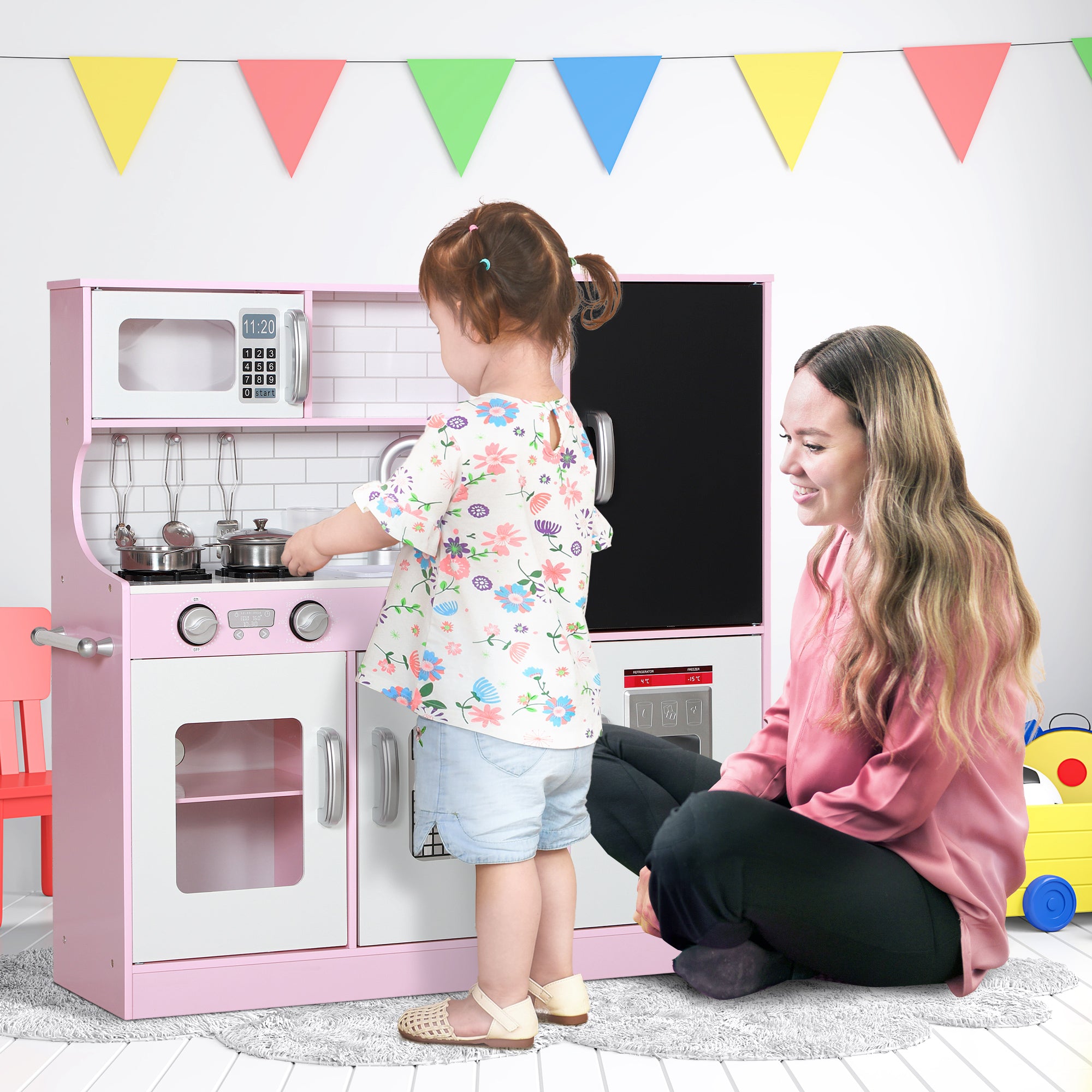 AIYAPLAY Pretend Play Kitchen Kids Kitchen Playset w/ Toy Phone, Chalkboard, Microwave, Cooking Stove, Sink - North Peak Garden Furniture