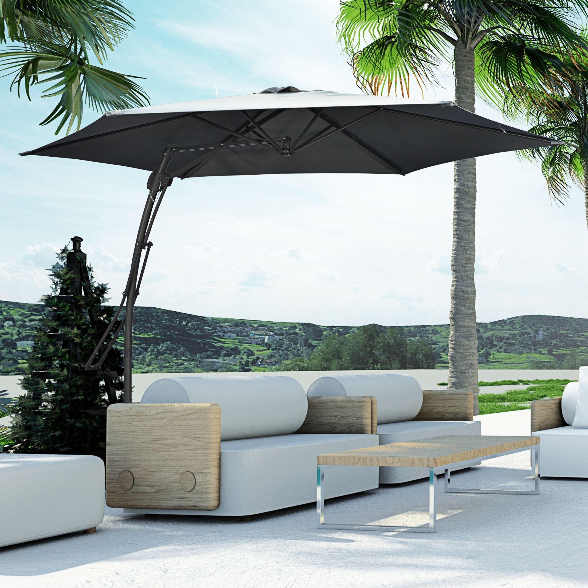 Outsunny 3m Cantilever Parasol with Easy Lever, Patio Umbrella with Crank Handle, Cross Base and 6 Metal Ribs, Outdoor Sun Shades for Garden, Grey - North Peak Garden Furniture