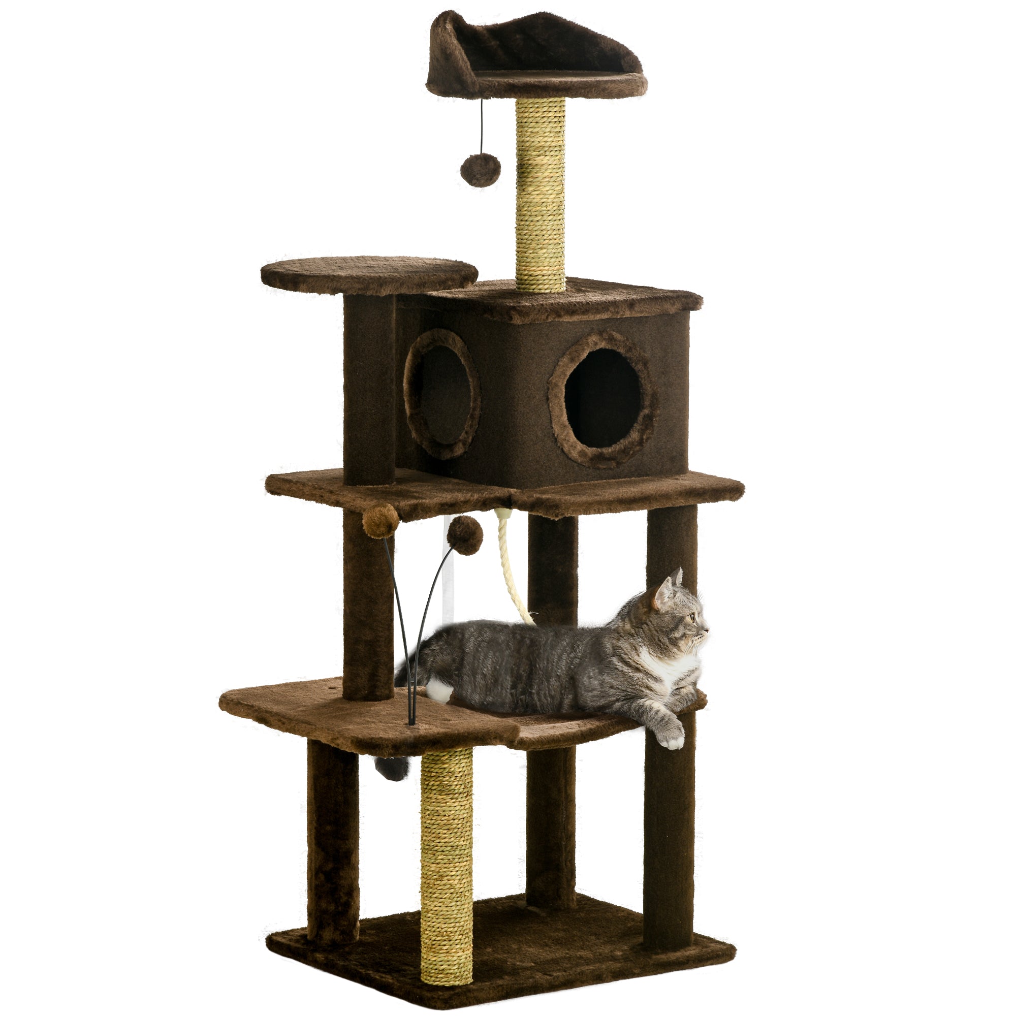 PawHut 136cm Cat Tree for Indoor Cats, Modern Cat Tower with Scratching Posts, house, Platforms, Toy Ball - Brown - North Peak Garden Furniture