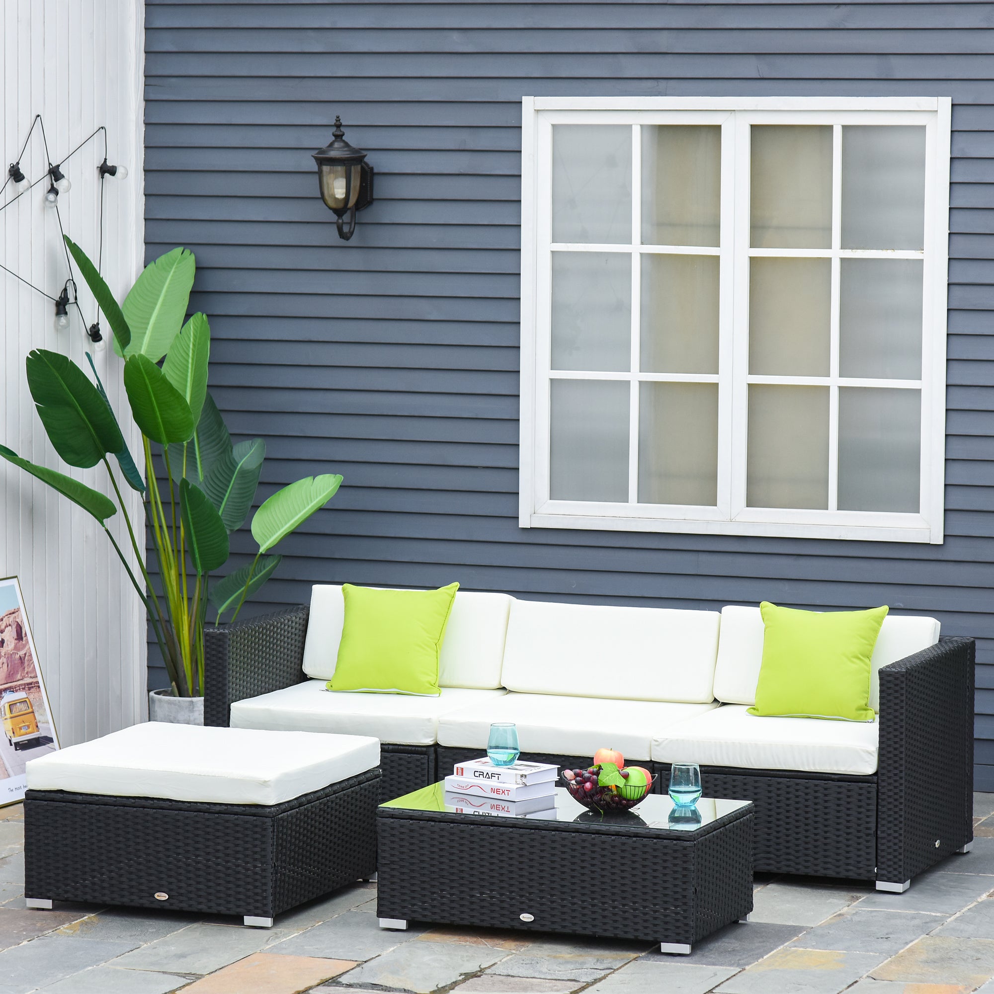 Outsunny 4-Seater Rattan Sofa Set Set Garden Outdoor Sectional Sofa Coffee Table Metal Frame w/Cushion Pillows-Black - North Peak Garden Furniture