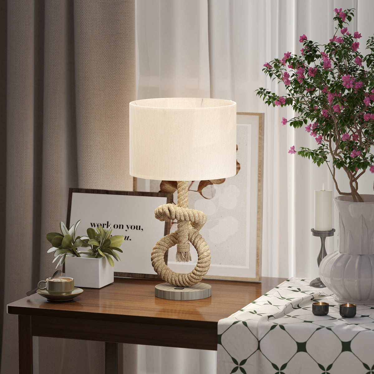 HOMCOM Nautical LED Table Lamp with USB Charging Port, Bedside Desk Lamp for Bedroom, Living Room, Home Office
