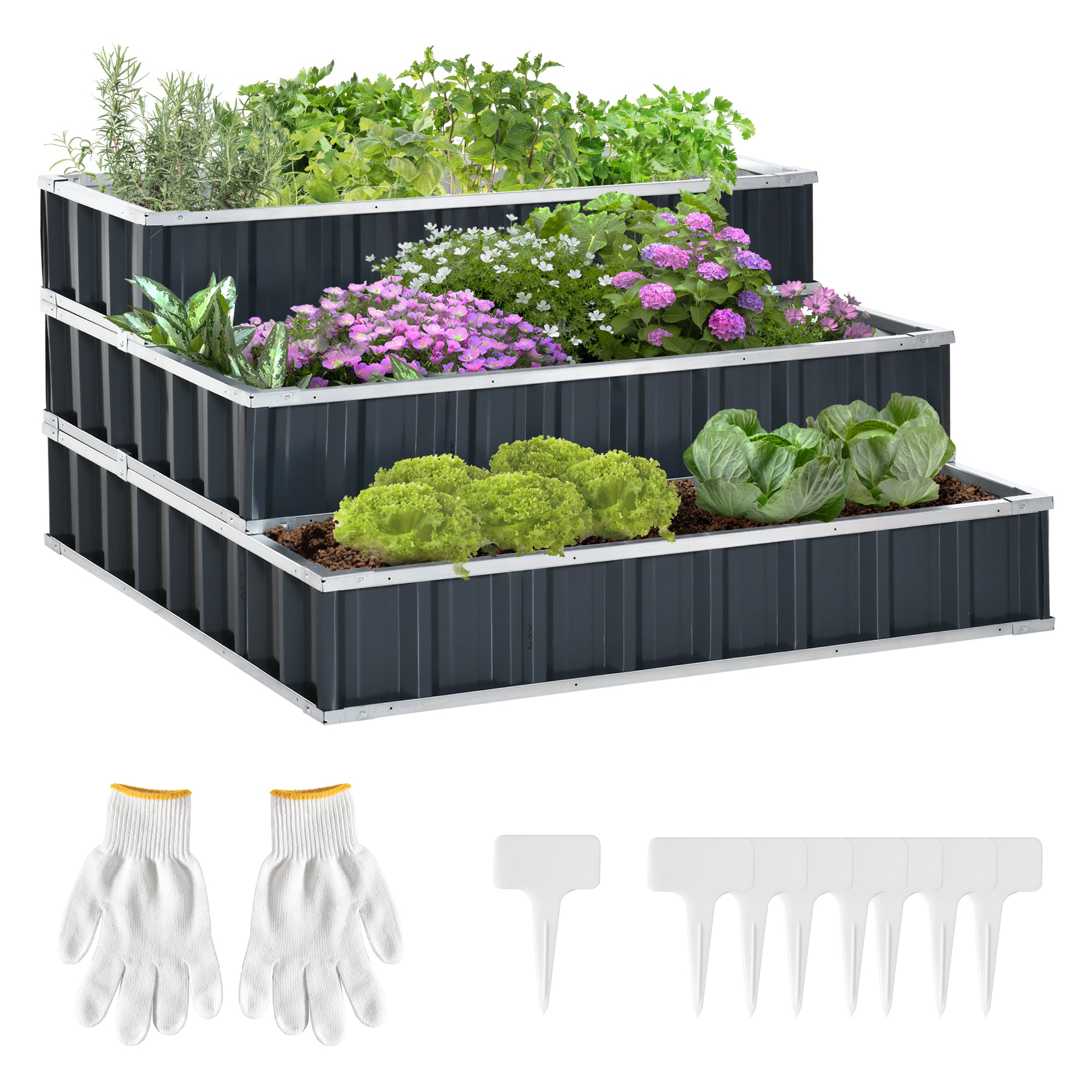 Outsunny 118cm x 118cm x 62cm 3 Tier Raised Garden Bed, Metal Elevated Planer Box Kit Flower Pot w/ A Pairs of Glove for Backyard, Patio to Grow Vegetables, Herbs, and Flowers, Grey - North Peak Garden Furniture