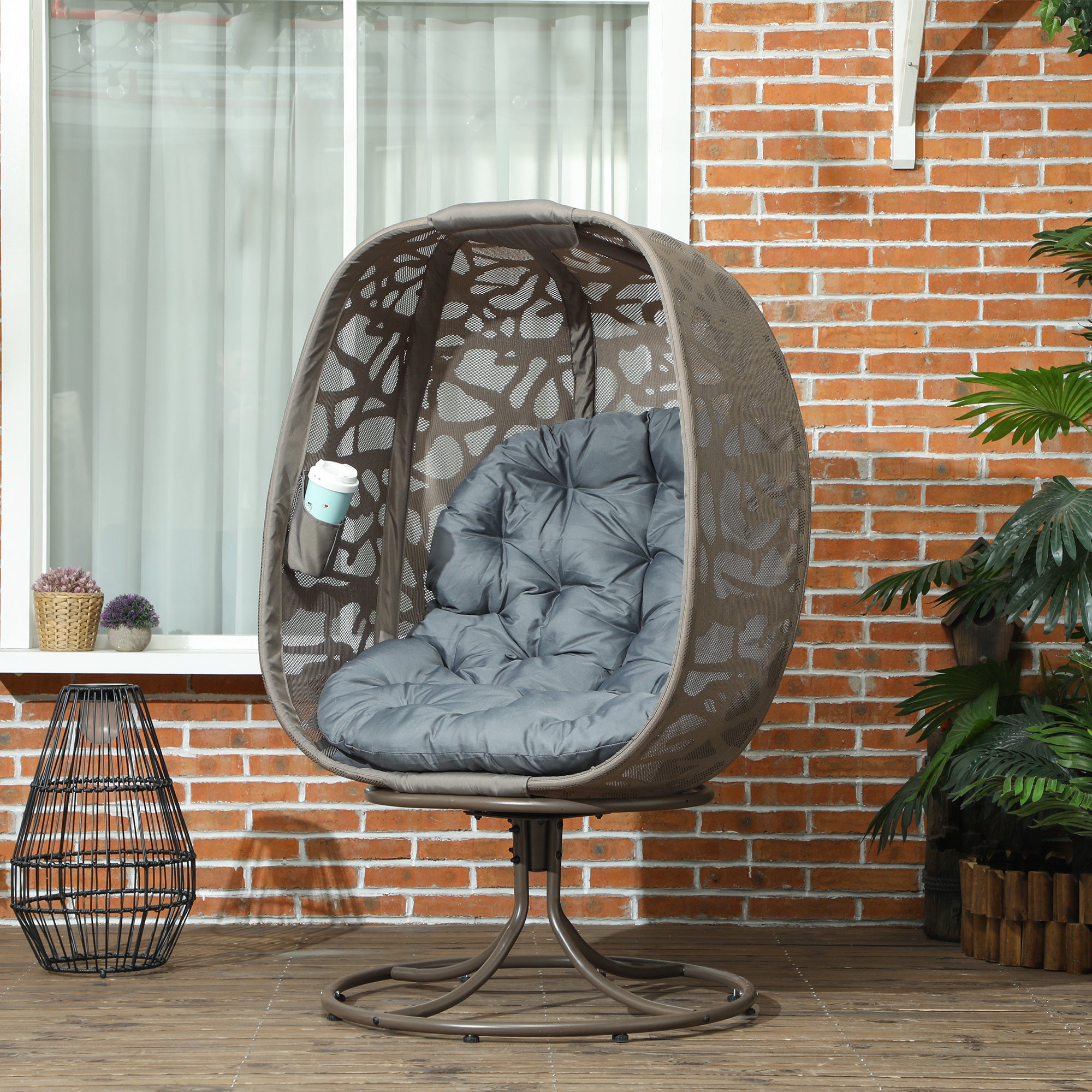 Outsunny Swivel Egg Chair with Cushions, Foldable Basket Seat and Metal Frame, Indoor Outdoor Lounge Chair for Balcony, Patio and Living Room, Grey - North Peak Garden Furniture