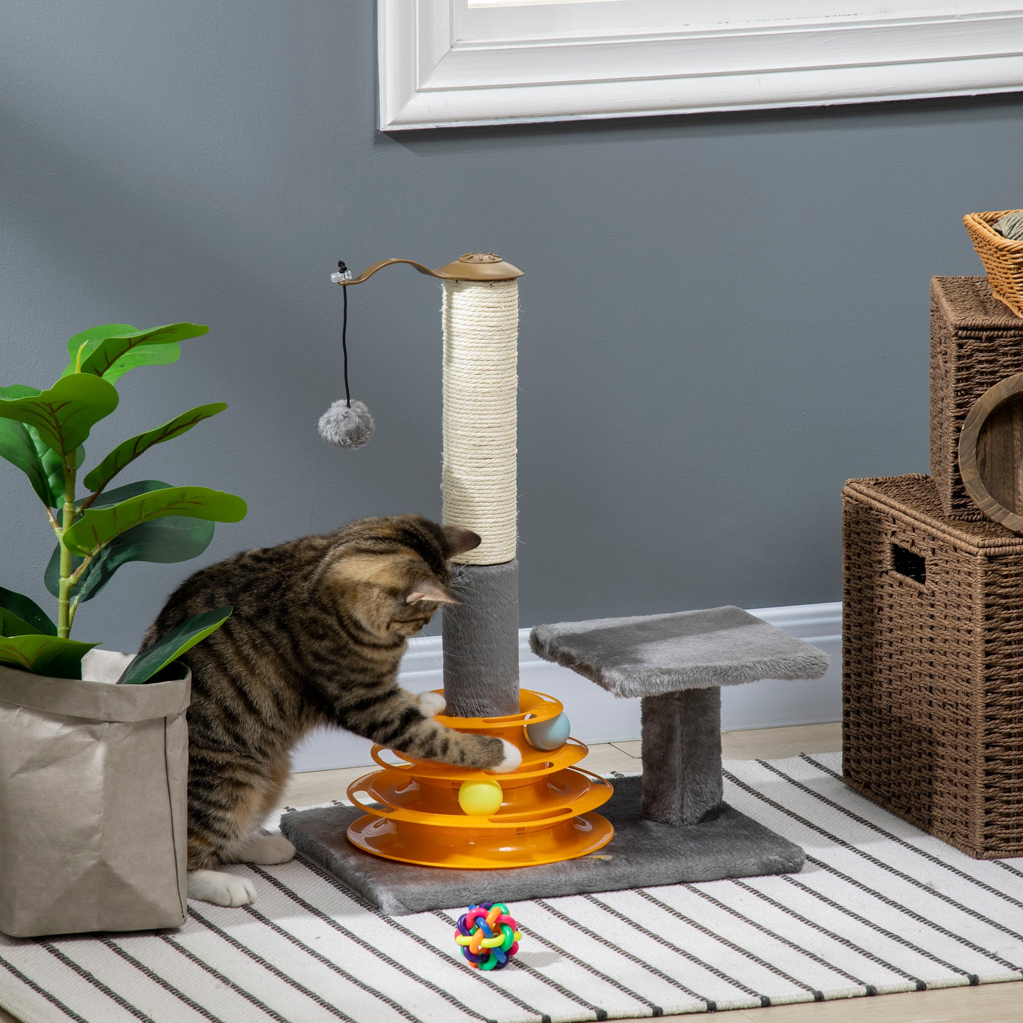 PawHut 56cm Cat Tree Tower Activity Centre, Climbing Stand Kitten House Furniture w/ Scratching Posts, Toy Ball - Grey - North Peak Garden Furniture