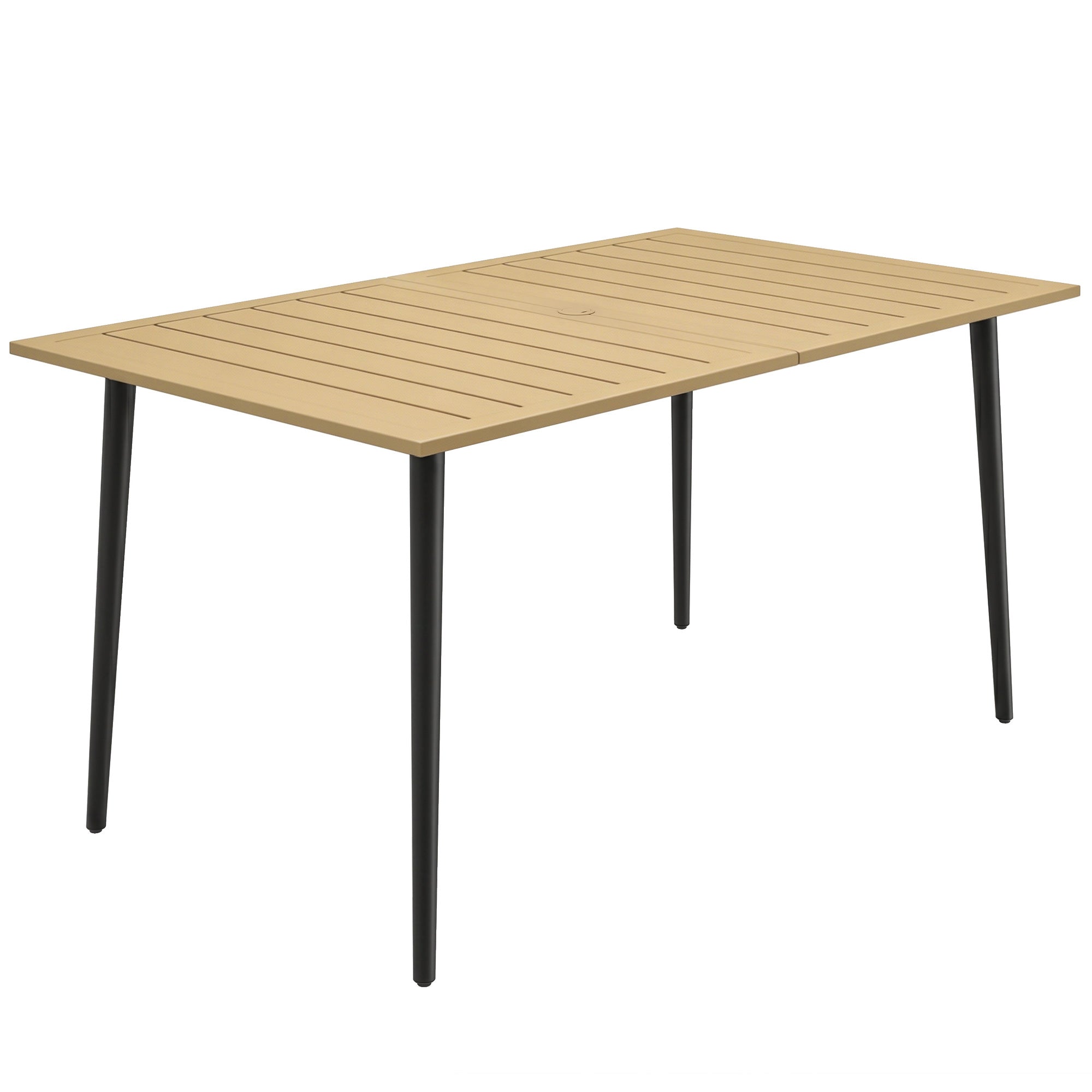 Outsunny Garden Dining Table for 6 Person, Rectangle Outdoor Coffee Table with 5 cm Parasol Hole, Slatted Tabletop and Steel Frame for Patio Balcony, Brown