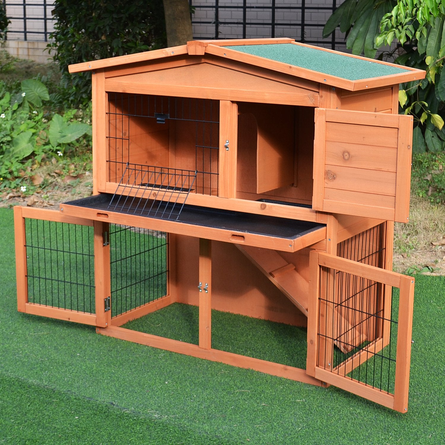 PawHut 2 Tier Rabbit Hutch Guinea Pig Hutch Ferret Cage with Ramp Slide Out Tray for Indoor Outdoor 100.5 x 55 x 101 cm - North Peak Garden Furniture