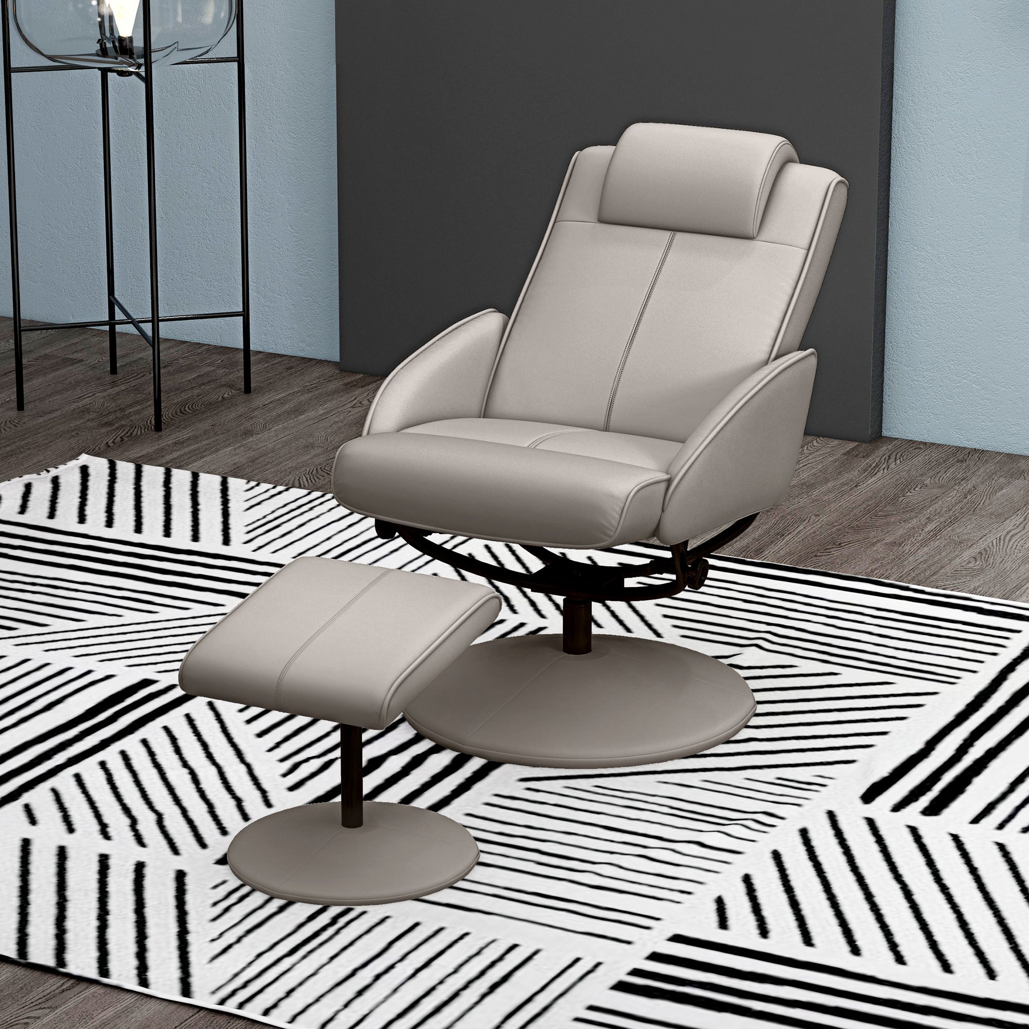 HOMCOM Recliner Chair and Footstool, Swivel PU Leather Upholstered Armchair with Footstool and Adjustable Backrest for Living Room, Bedroom, Grey - North Peak Garden Furniture