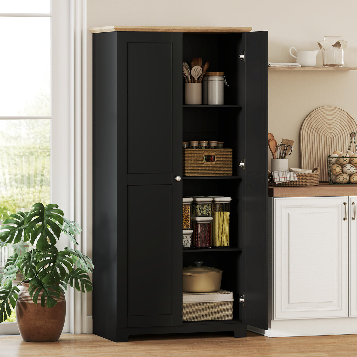 HOMCOM Kitchen Cupboard, 172cm Freestanding Storage Cabinet with Doors and Shelves, Black