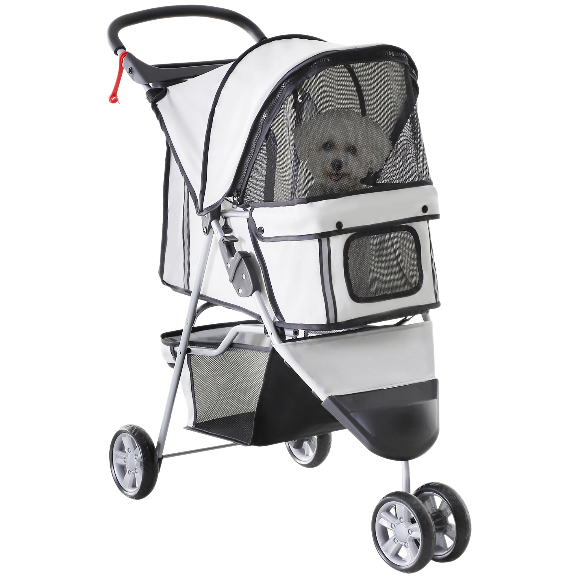 PawHut Dog Stroller, 3 Wheels Foldable Cat Dog Pram with Cup Holder, Storage Basket, Pet Stroller for Small Miniature Dogs, Grey - North Peak Garden Furniture