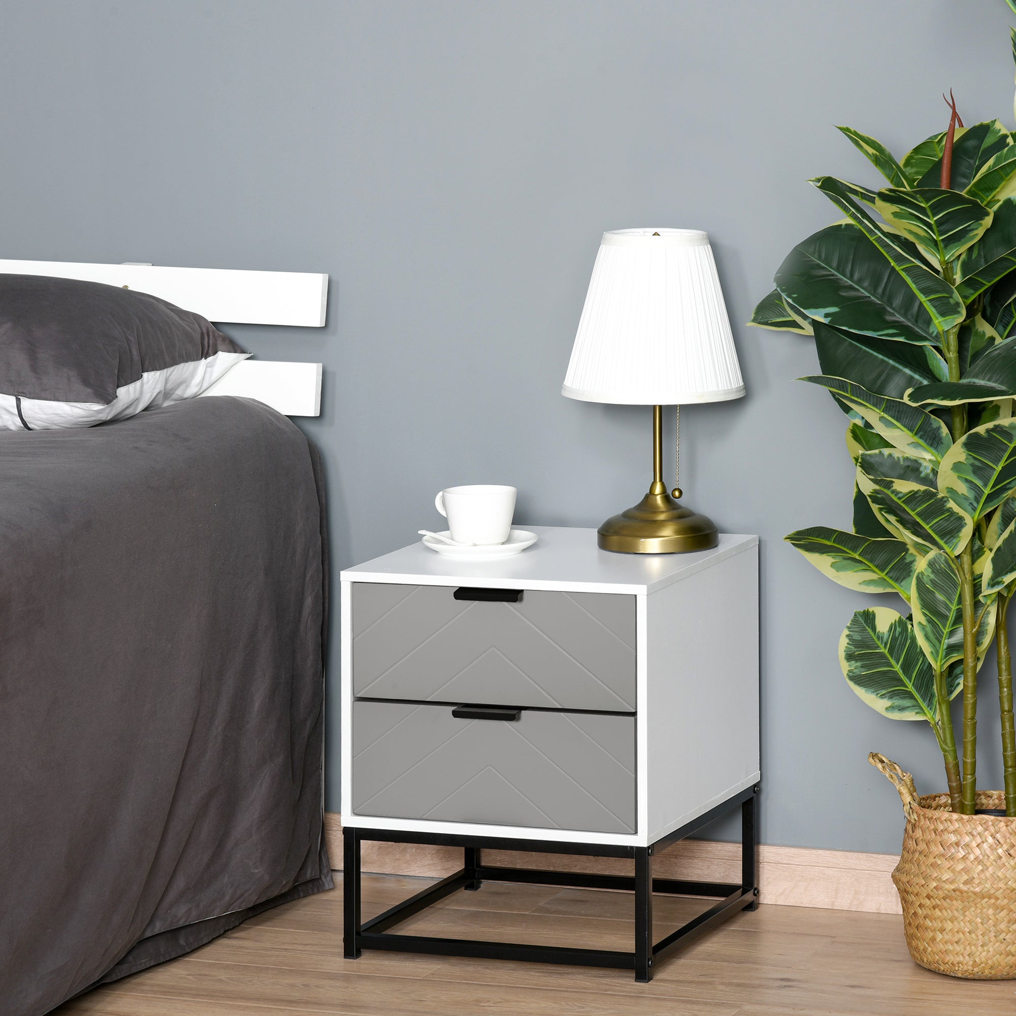 HOMCOM Bedside Cabinet with 2 Drawer Storage Unit, Unique Shape Bedroom Table Nightstand with Metal Base, for Living Room, Study Room, Dorm - North Peak Garden Furniture