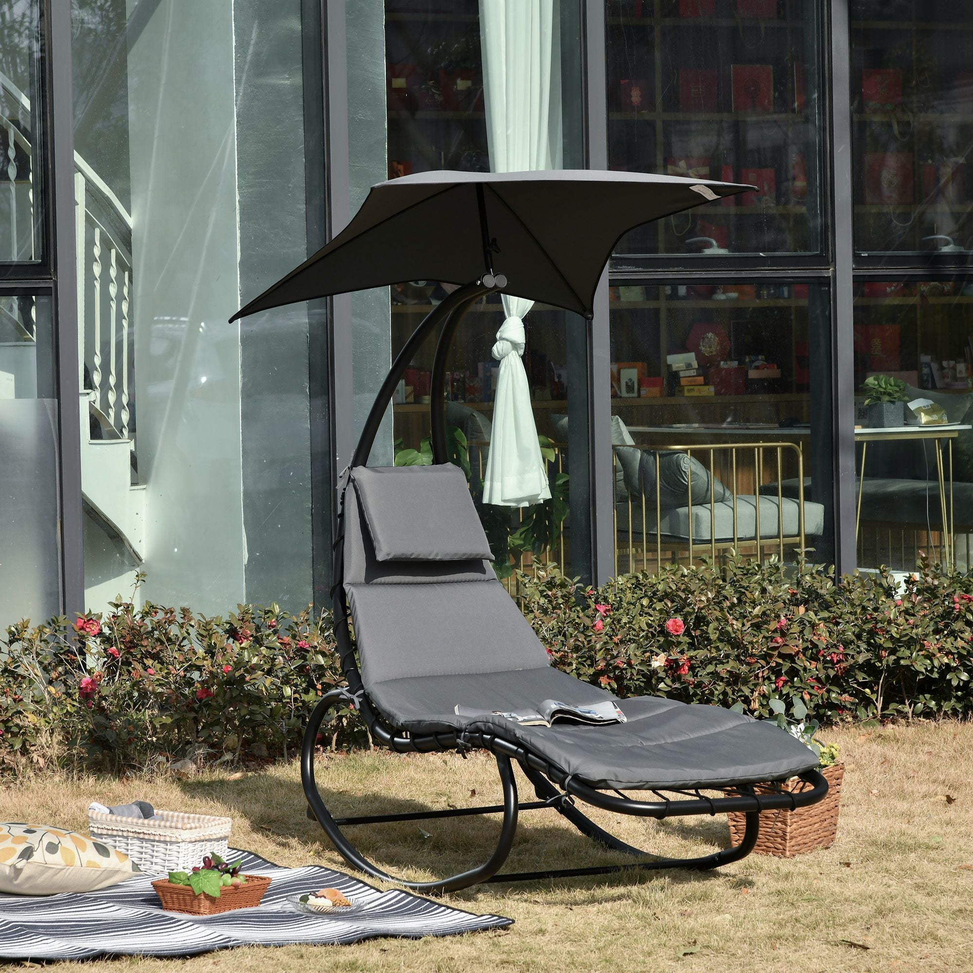 Outsunny Patio Rocking Chaise Lounge Rocking Bed with Canopy Cushion Headrest Pillow - North Peak Garden Furniture