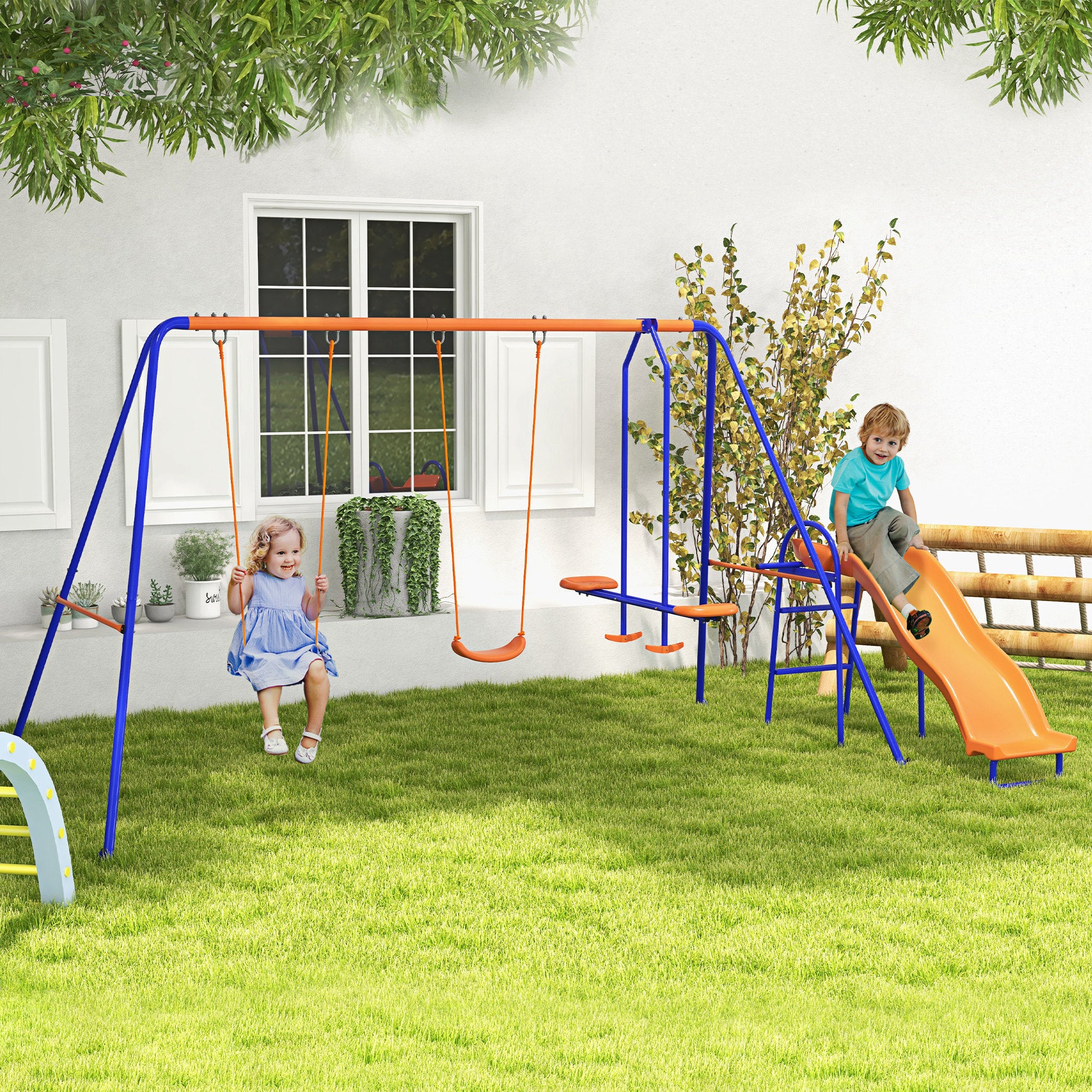 Outsunny Four-In-One Metal Garden Swing Set, with Double Swings, Glider, Slider, Ladder - Orange and Blue - North Peak Garden Furniture