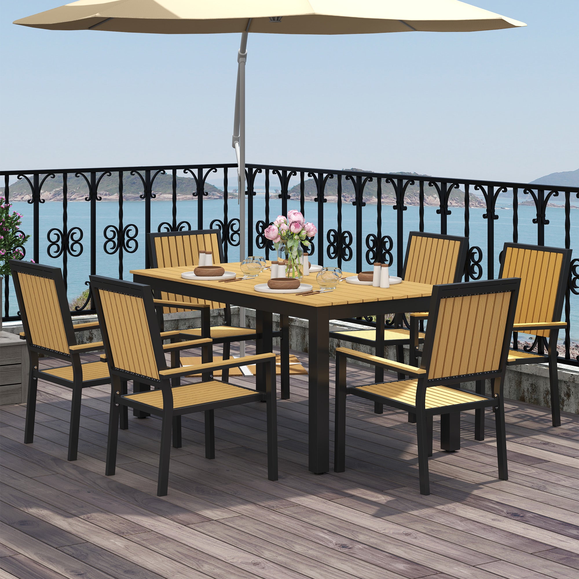 Outsunny 6 Seater Garden Dining Set with Stackable Chairs, Aluminium Frame, Rectangular Plastic Top, Garden Furniture Set, Outdoor Dining Table and Chairs for Patio, Balcony, Poolside, Nature Wood - North Peak Garden Furniture