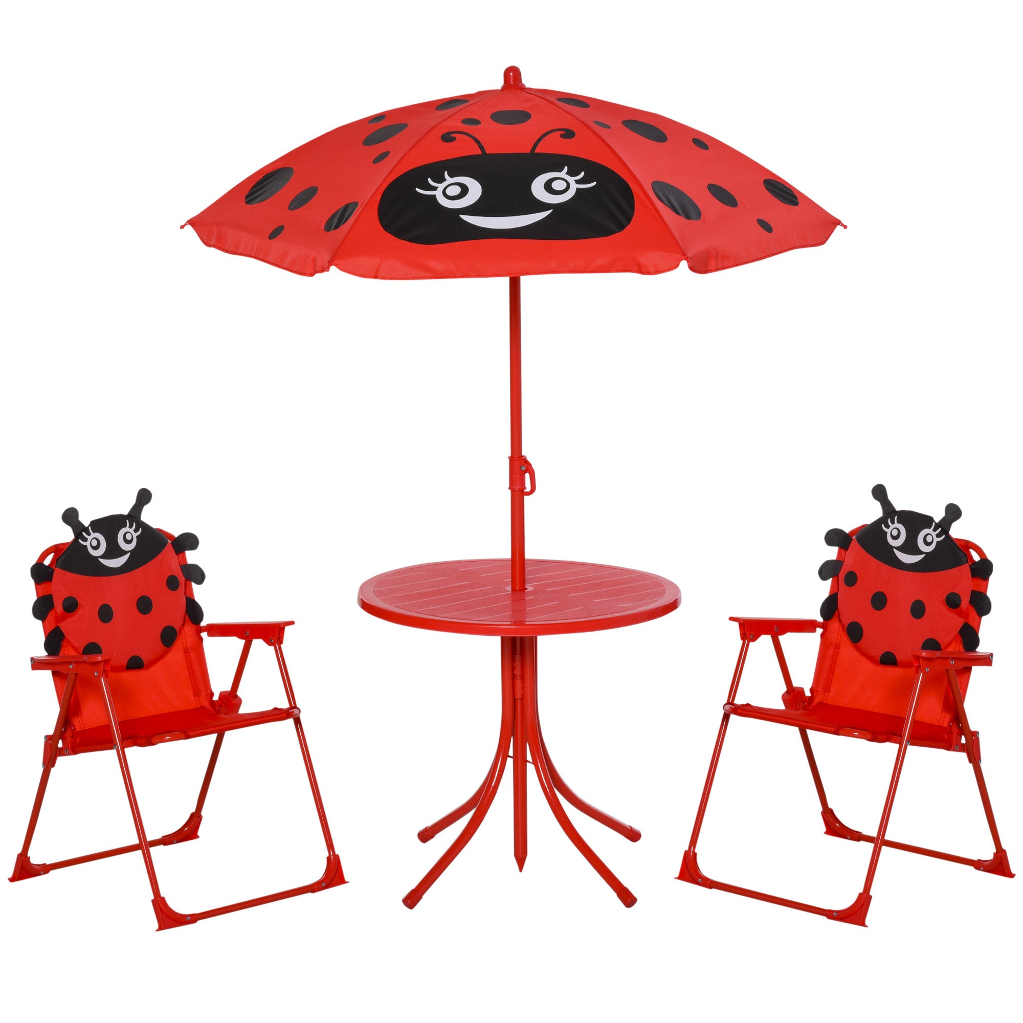 Outsunny Kids Outdoor Table and Chairs Garden Furniture Ladybird Pattern with Removable & Height Adjustable Sun Umbrella, Red - North Peak Garden Furniture