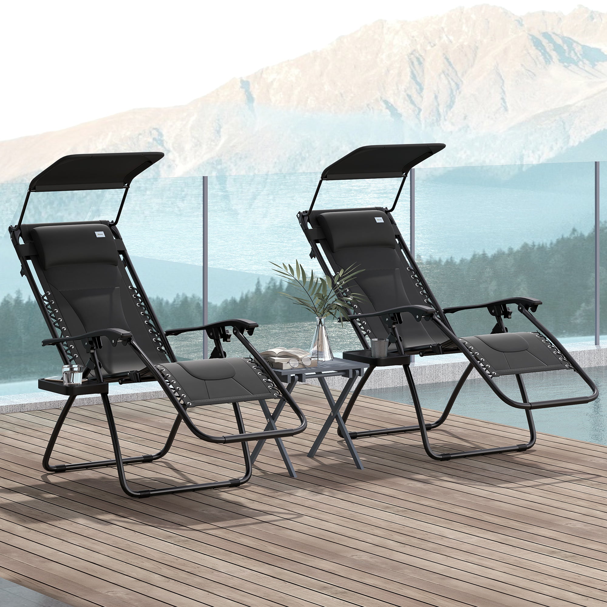 Outsunny Zero Gravity Lounger Chair Set of 2, Folding Reclining Patio Chair with Shade Cover, Padded Seat, Cup Holder, Soft Cushion and Headrest for Poolside, Camping, Black - North Peak Garden Furniture