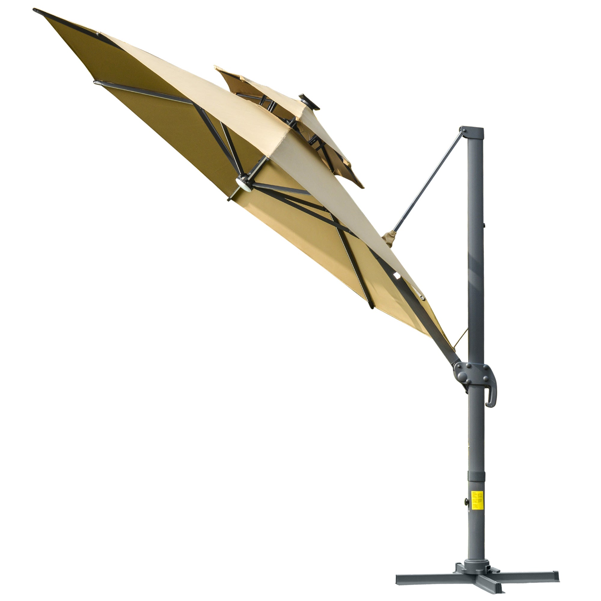 Outsunny 3m Cantilever Parasol w/ Solar Lights Power Bank Base 360° Spin Khaki - North Peak Garden Furniture