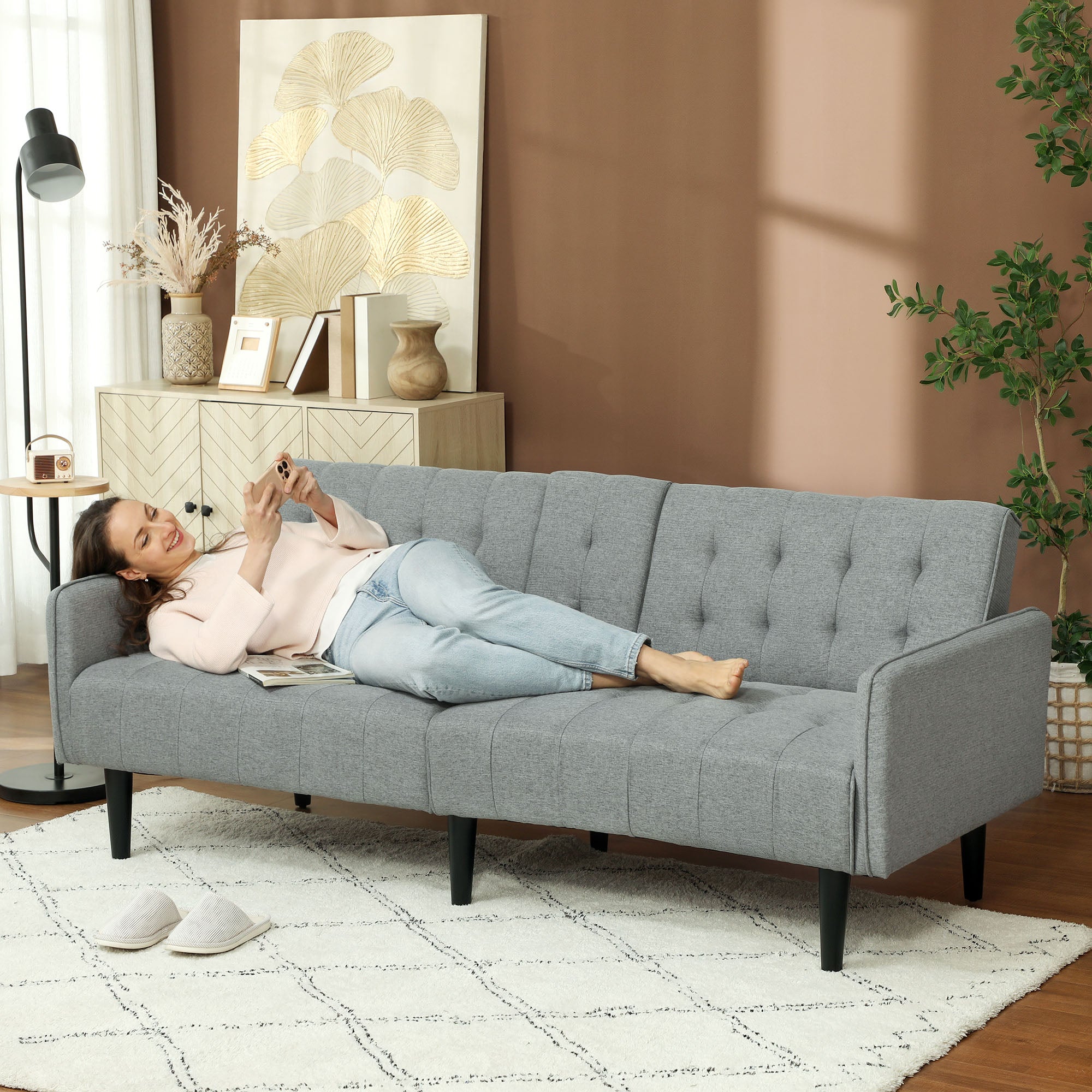 HOMCOM Upholstered Click Clack Sofa Bed, Linen-Feel 3 Seater Sofa Bed with Storage and Cupholders, Light Grey - North Peak Garden Furniture
