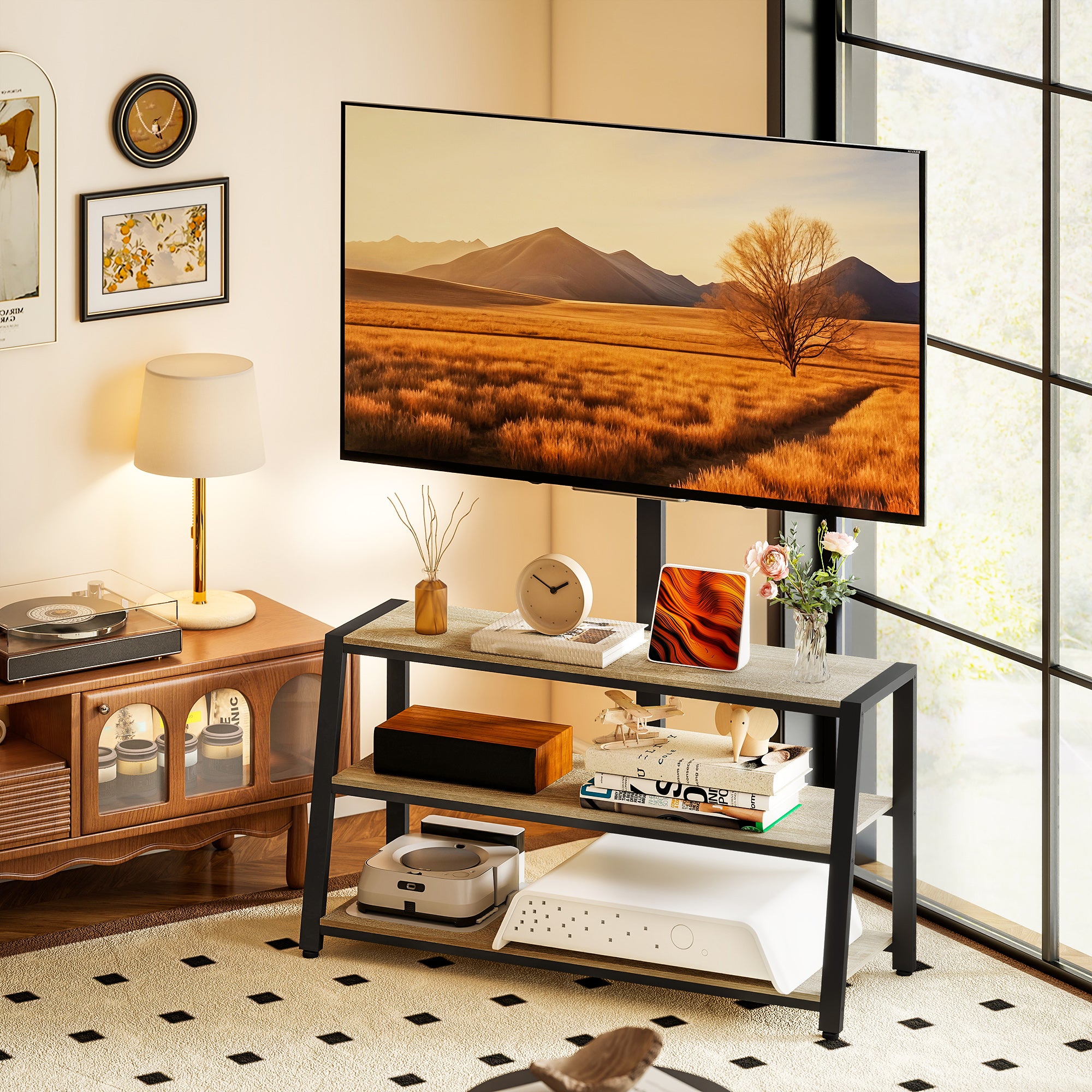 HOMCOM TV Stand Cabinet with Swivel Bracket for 32 - 65 Inch TVs, Industrial TV Cabinet with Open Shelves, Cable Management, Trapezoid-Shaped Steel Frame for Living Room, Bedroom, Rustic Brown