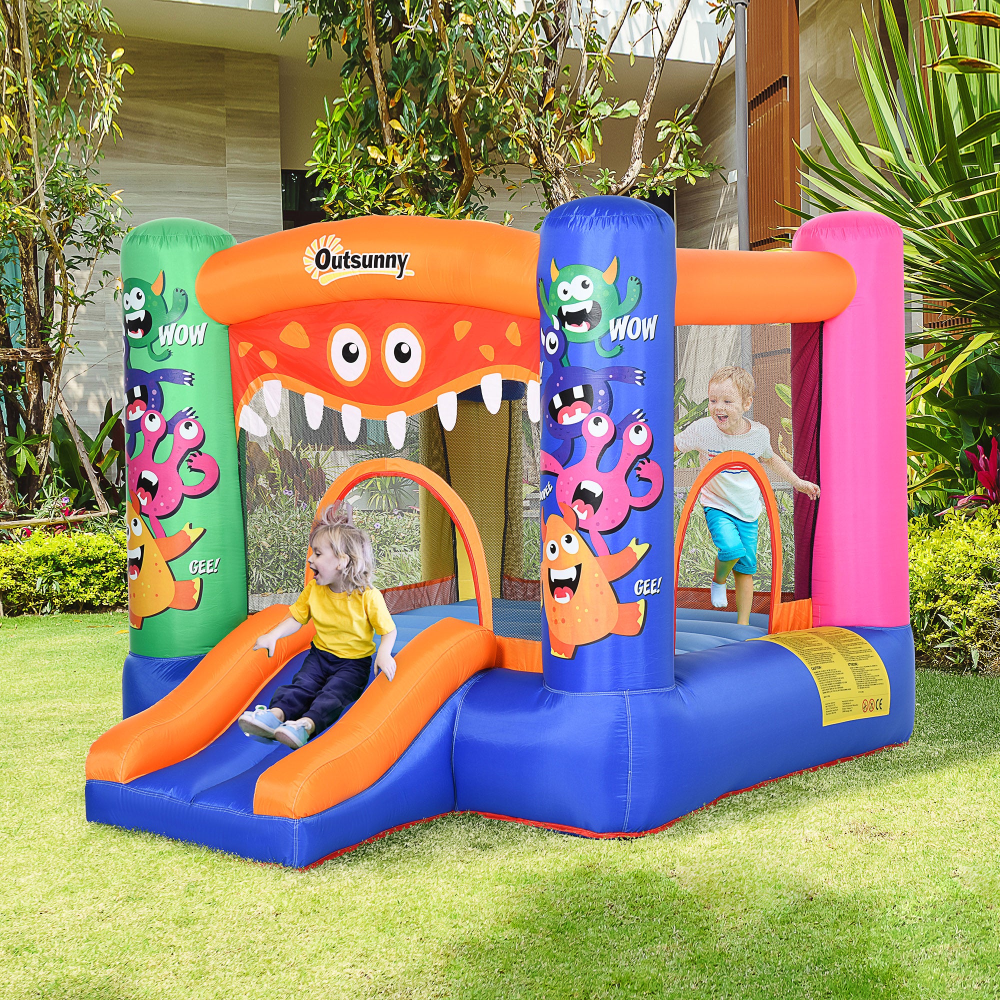 Outsunny Bouncy Castle Inflatable Basket Trampoline Slide Monster Design 180 x 250 x 175 (CM) - North Peak Garden Furniture