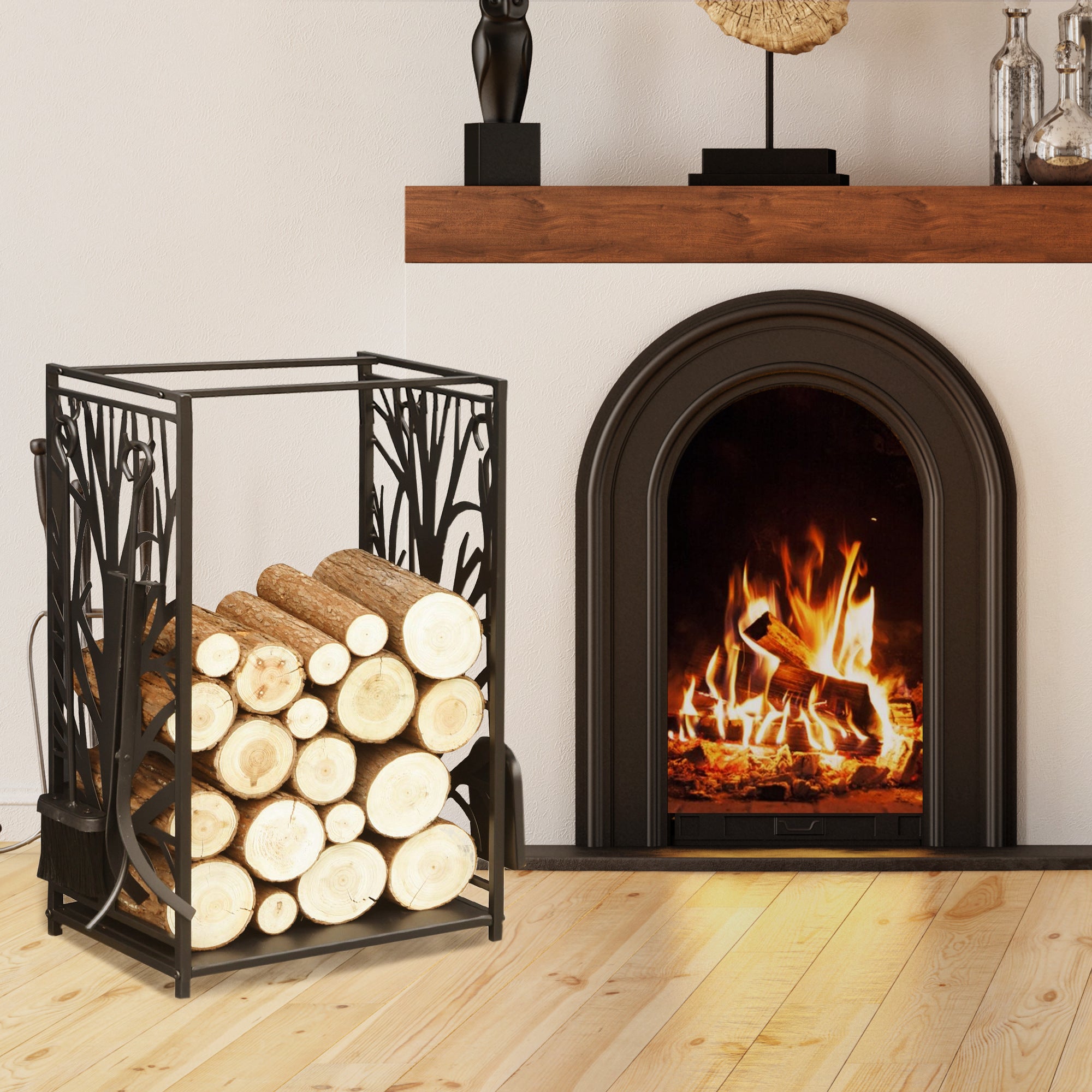 HOMCOM Steel Firewood Log Holder Indoor Outdoor Firewood Rack Fireplace Wood Storage Shelf with 4 Tools, Hooks, Tree Pattern Design, Rust-Resistant, Black, 46W x 30D x 70H cm - North Peak Garden Furniture