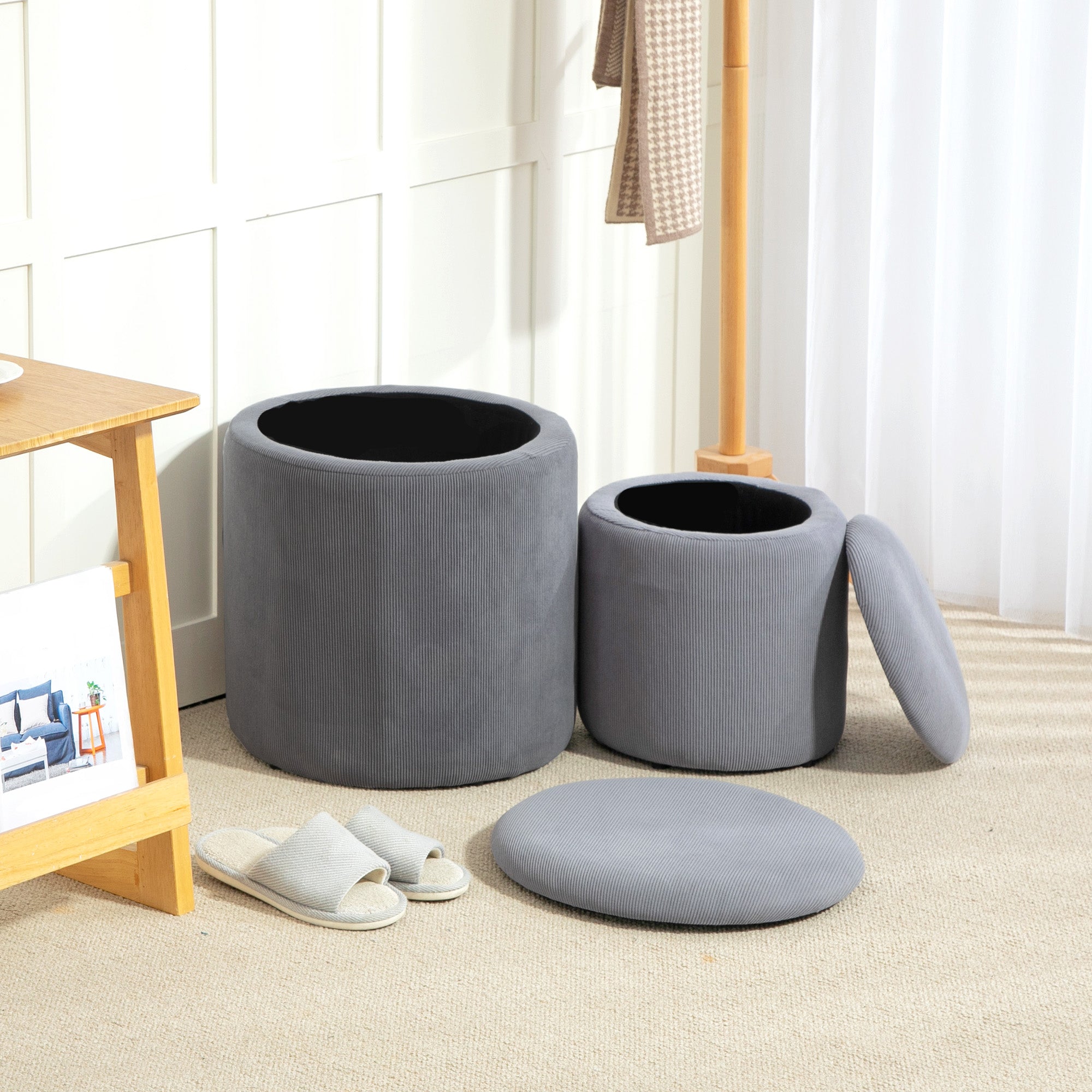 HOMCOM Set of Two Corduroy Storage Ottomans - Grey - North Peak Garden Furniture
