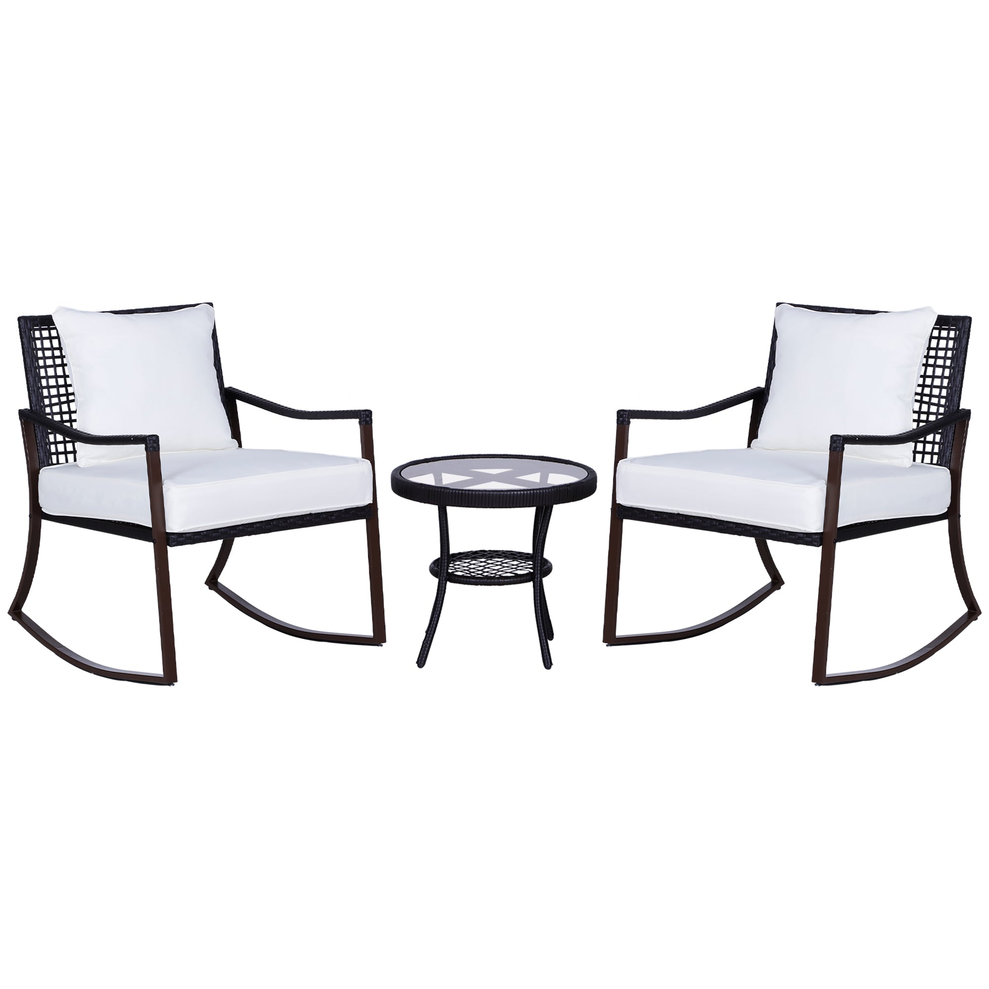 Outsunny 3 Pieces PE Rattan Garden Rocking Chair Set w/ Soft Cushion, Outdoor Rocking Bistro Set with Tempered Glass Round Coffee Table, Pillow, Brown