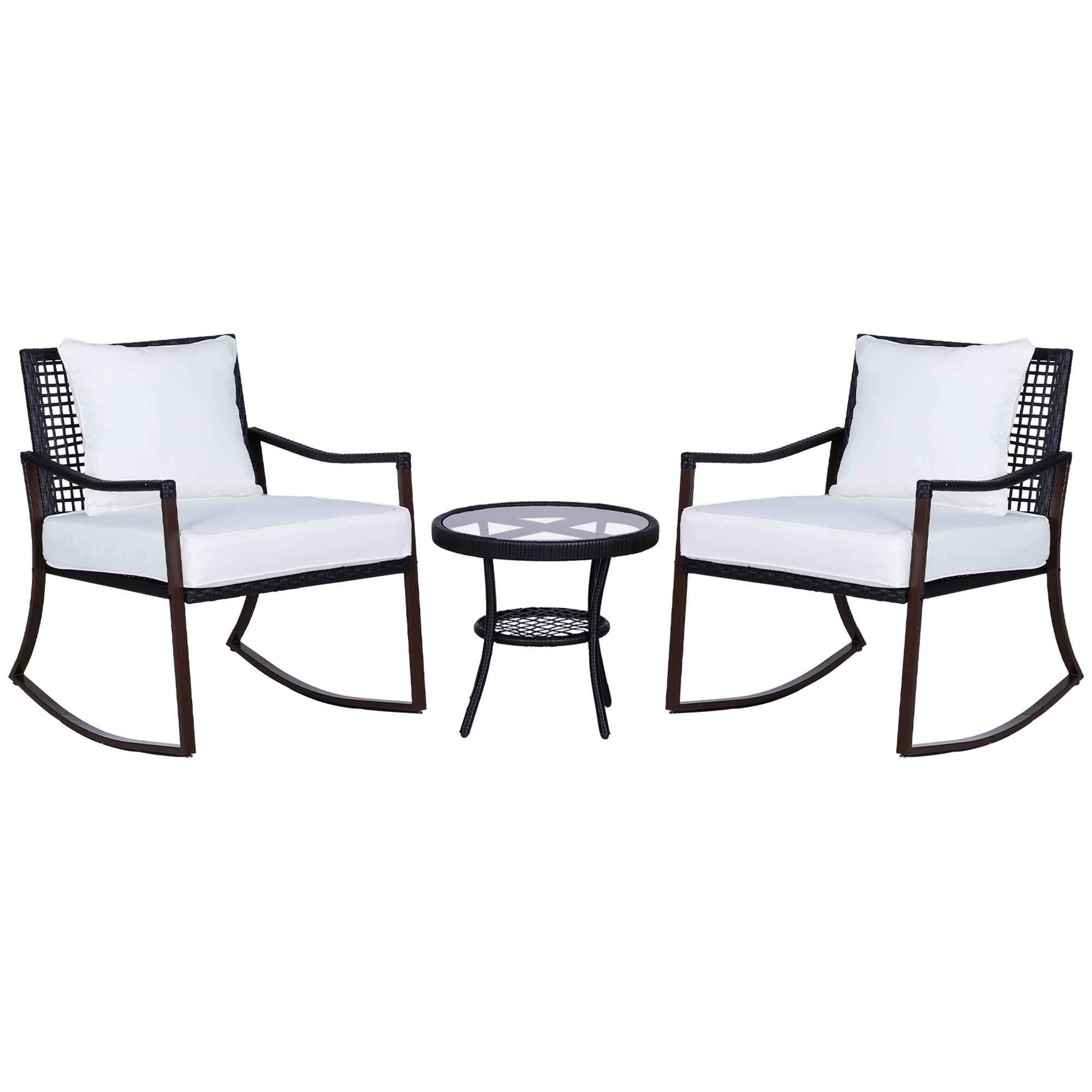 Outsunny 3 Pieces PE Rattan Garden Rocking Chair Set w/ Soft Cushion, Outdoor Rocking Bistro Set with Tempered Glass Round Coffee Table, Pillow, Brown