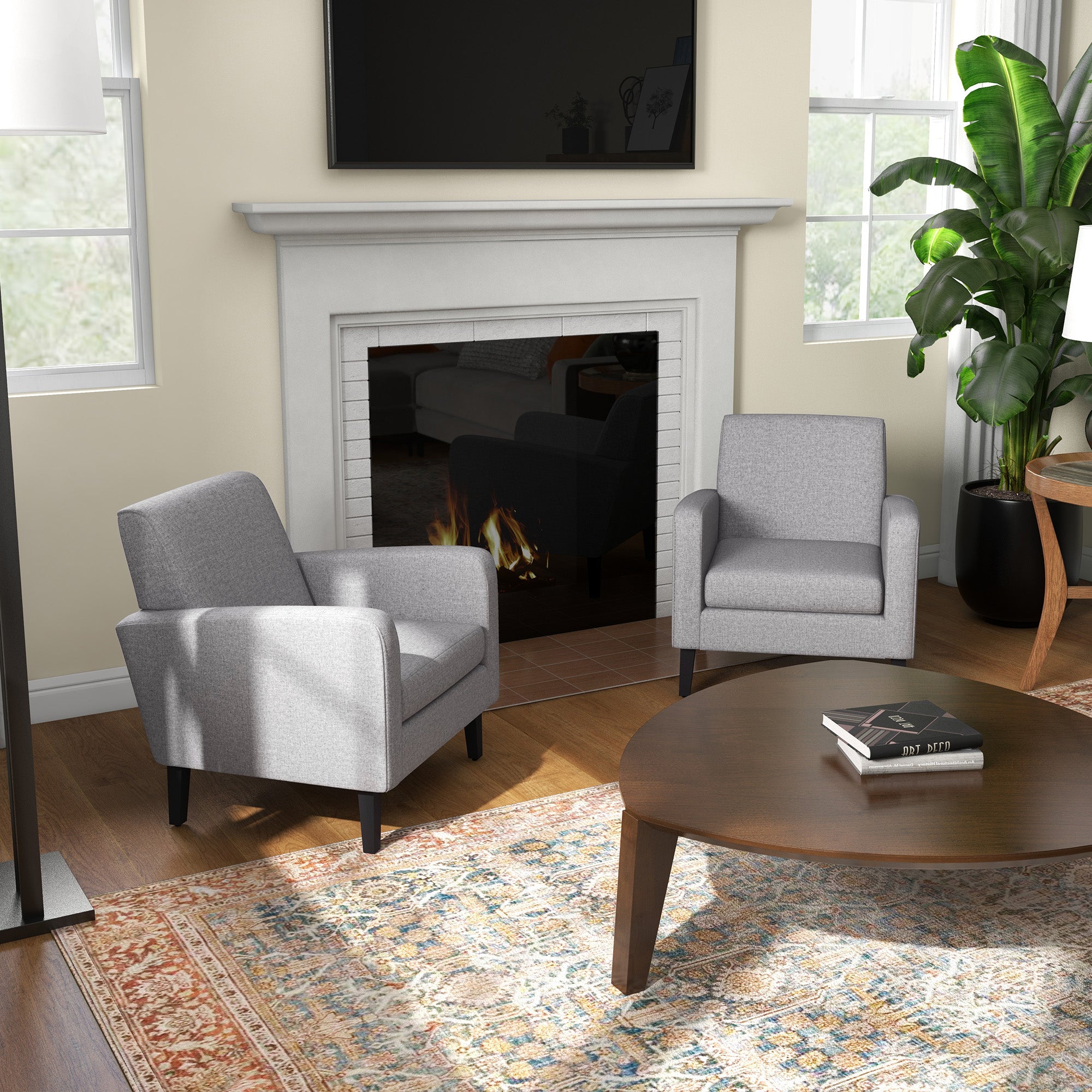HOMCOM 2 Pieces Modern Armchairs with Rubber Wood Legs, Upholstered Accent Chairs, Single Sofa for Living Room, Bedroom, Light Grey - North Peak Garden Furniture