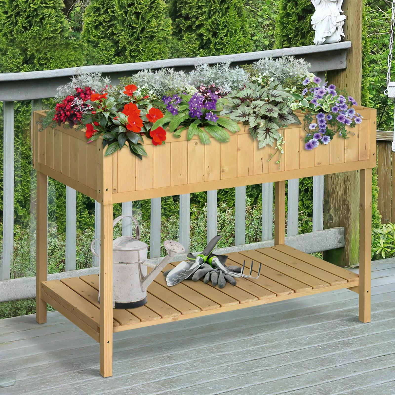 Outsunny Garden Wooden Planters, Rectangular 8 Compartment Plant Stand, Oak Tone - North Peak Garden Furniture