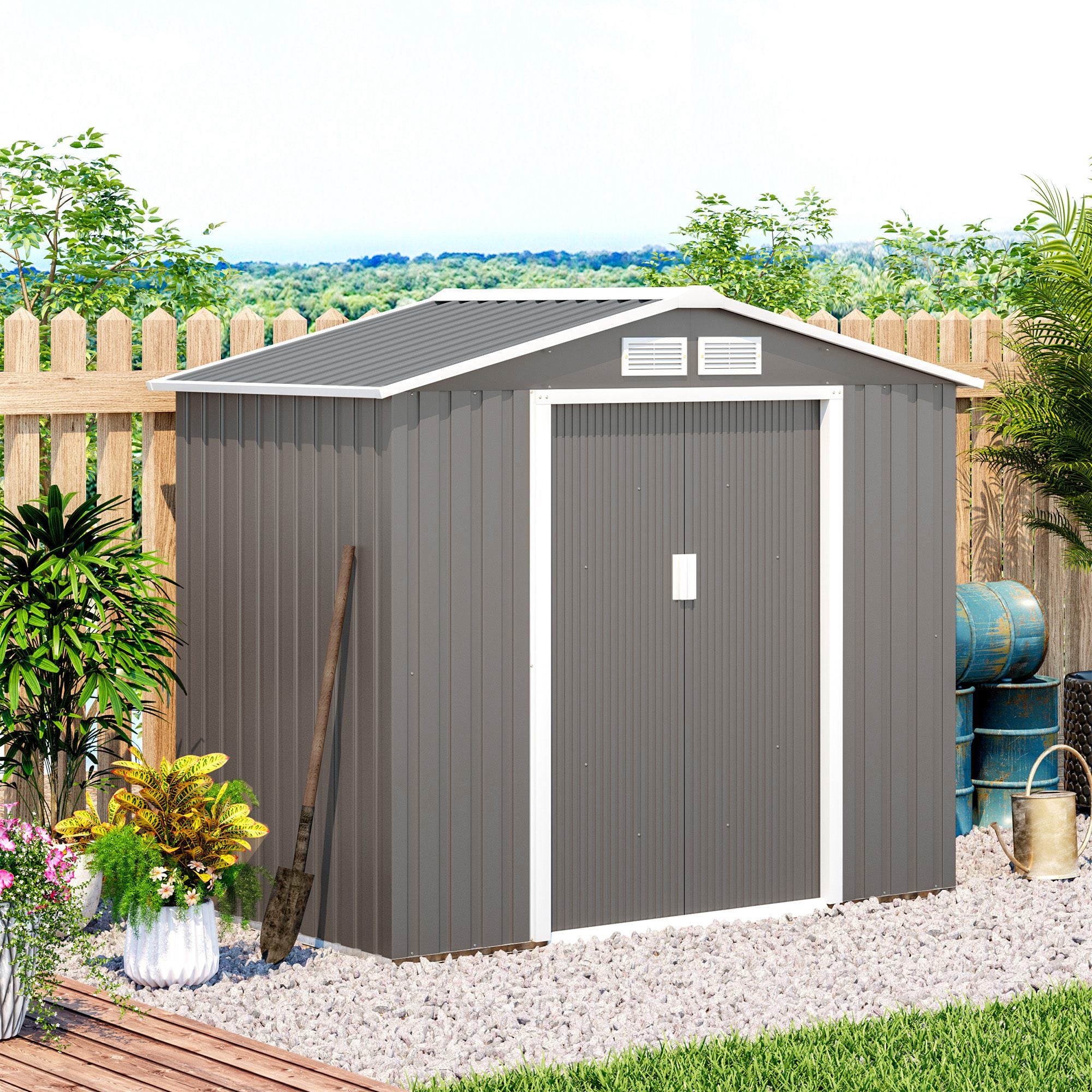 Outsunny 7ft x 4ft Lockable Garden Metal Storage Shed Storage Roofed Tool Metal Shed w/ Air Vents Steel Grey - North Peak Garden Furniture