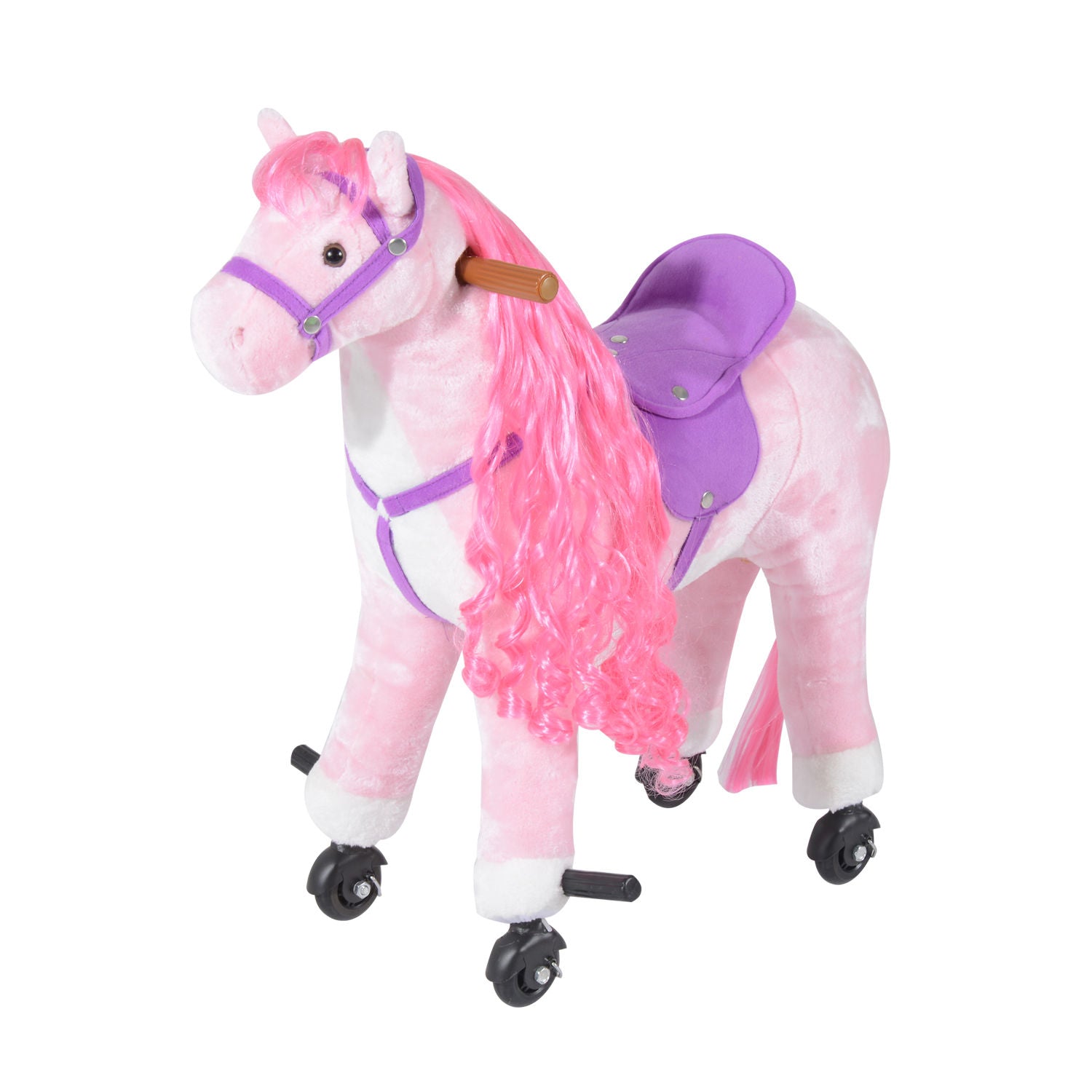 HOMCOM Plush Walking Horse Ride On Toy with Wheels and Realistic Sounds Rocking Horse for Girls Boys 3+ Years Old, 50cm Tall, Pink - North Peak Garden Furniture