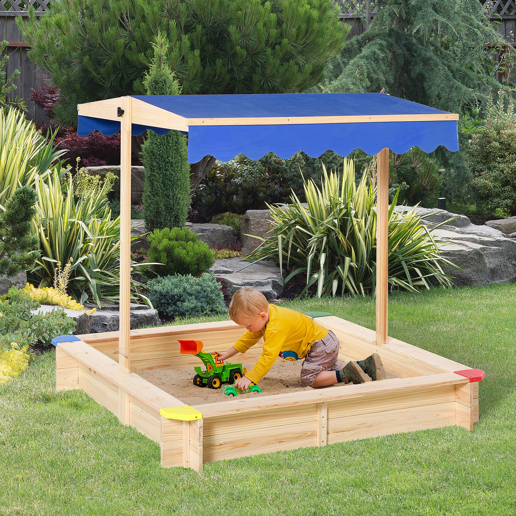 Outsunny Kids Wooden Sand Pit Children Square Sandbox Outdoor Playset Play Station Adjustable Canopy Bench Seat 120x120x120cm - North Peak Garden Furniture