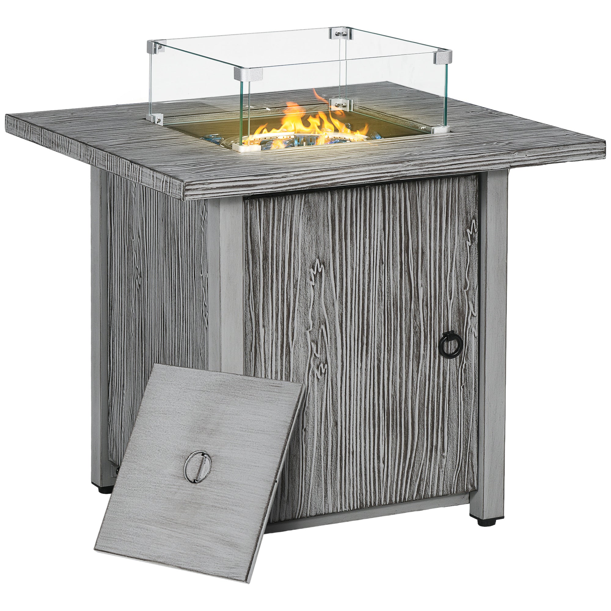 Outsunny 71cm 50,000 BTU Gas Fire Pit Table with Cover and Glass Screen - Grey - North Peak Garden Furniture
