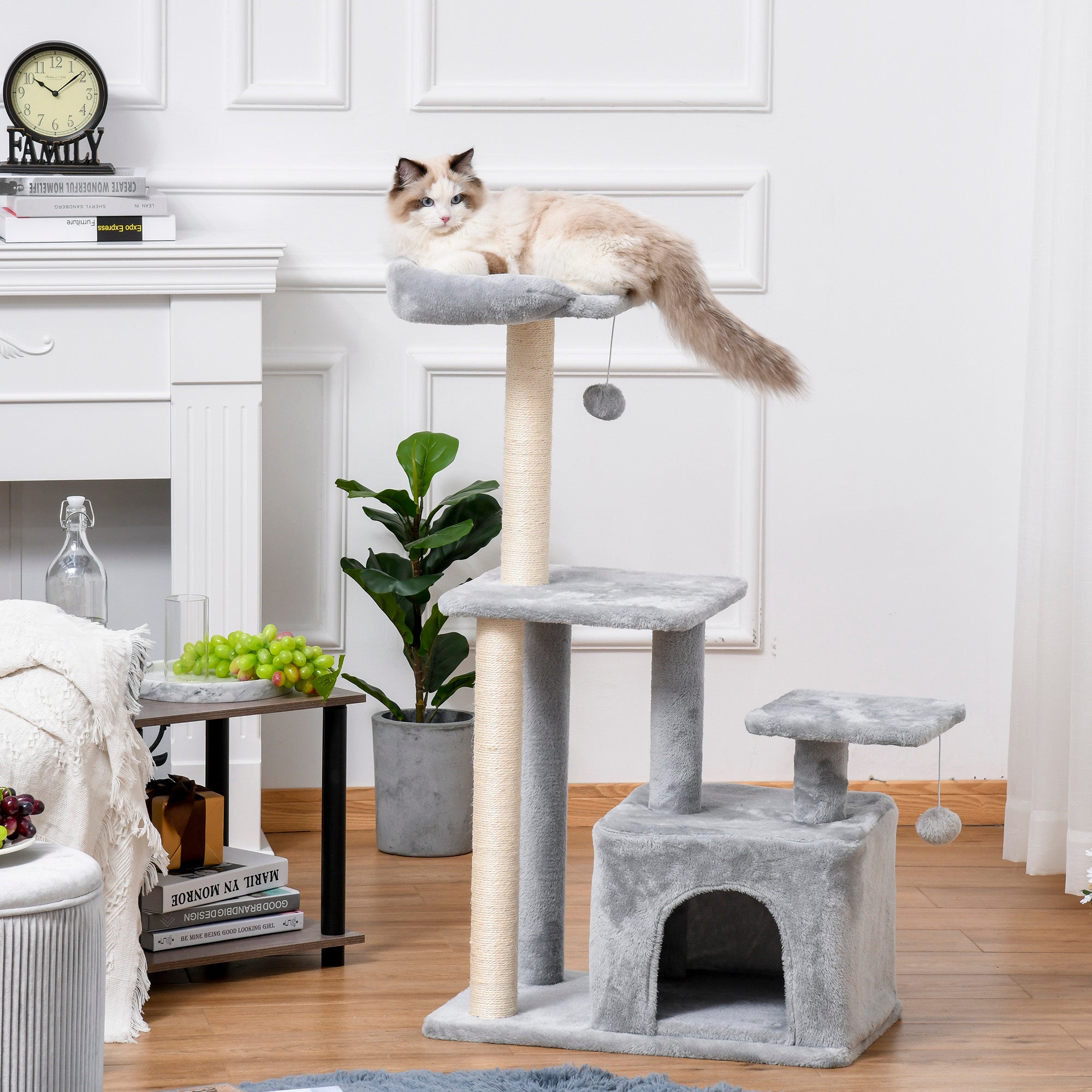 PawHut Cat Tree Tower for Indoor Cats 114cm Climbing Activity Centre Kitten with Sisal Scratching Post Perch Hanging Ball Condo Toy Light Grey - North Peak Garden Furniture