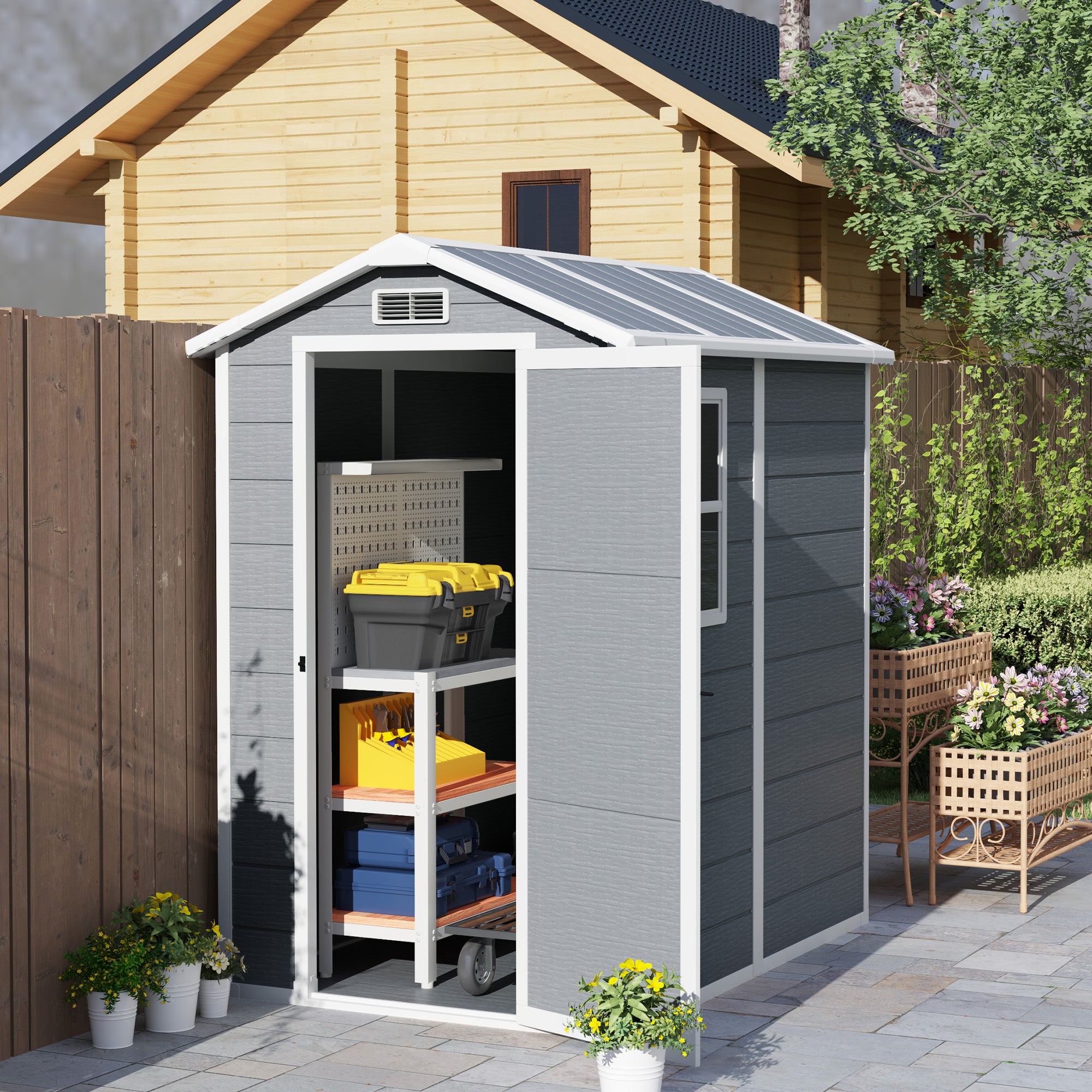 Outsunny 4 x 6ft Garden Shed, Plastic Shed with Floor, Window, Lockable Door and Vents, Resin Tool Shed for Outdoor Patio Storage, Zero Maintenance, Grey - North Peak Garden Furniture