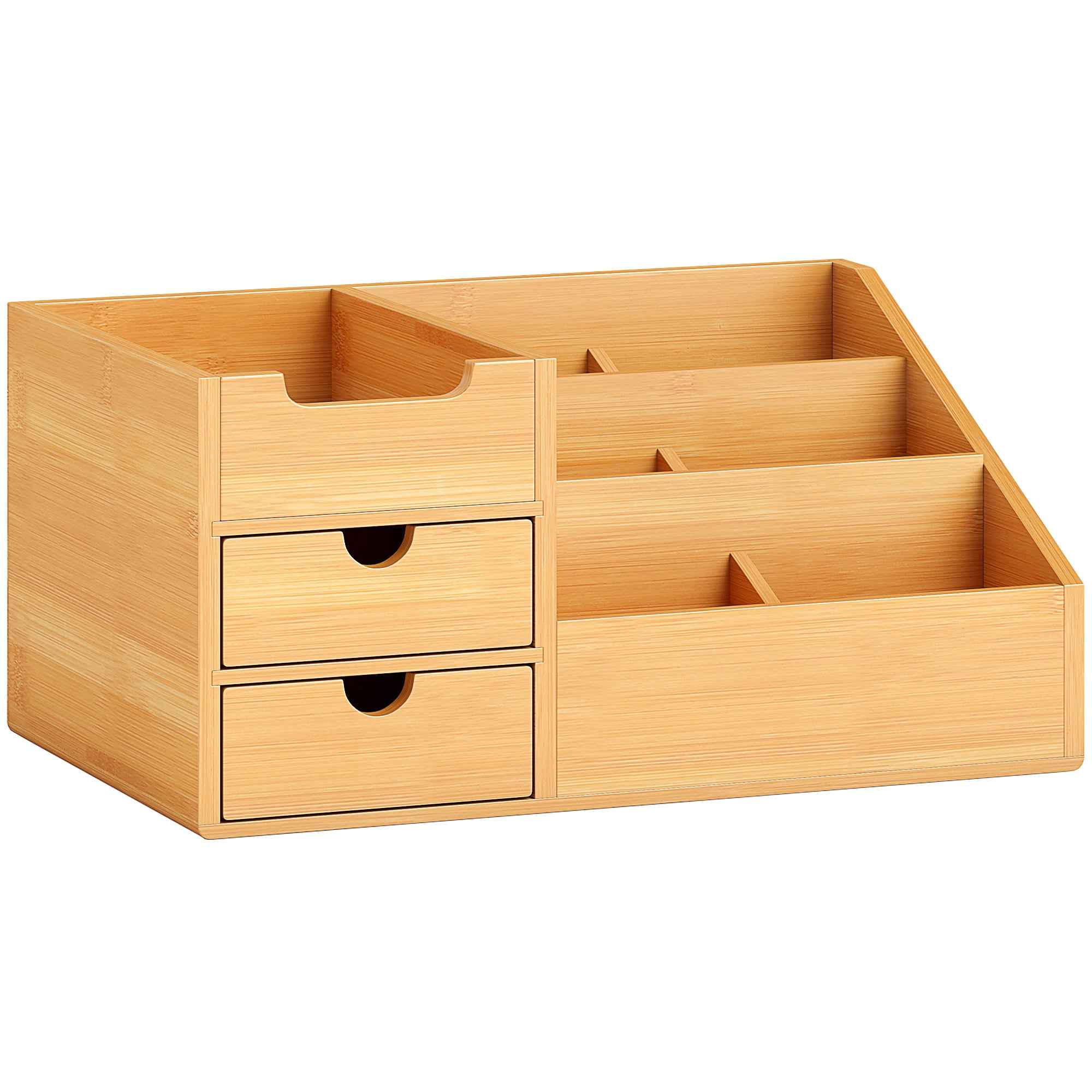 HOMCOM Organiser Holder Multi-Function Storage Caddy Drawers Home Office Stationary Supplies 7 Storage Compartments and 2 Drawers Natural Bamboo