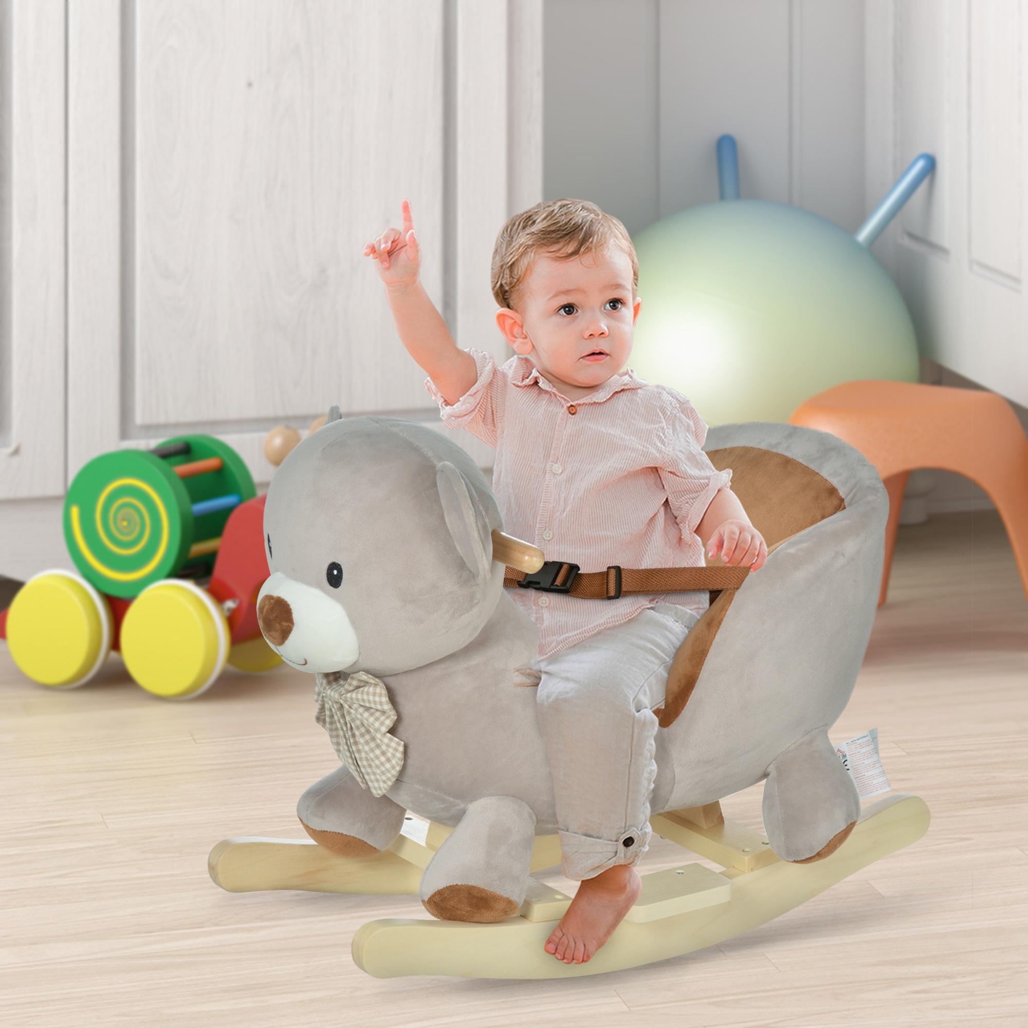 HOMCOM Kids Children Rocking Horse Plush Ride On Bear Seat w/ Sound Wood Base Seat Safety Belt Toddler Baby Toy for 18-36 Months Grey - North Peak Garden Furniture
