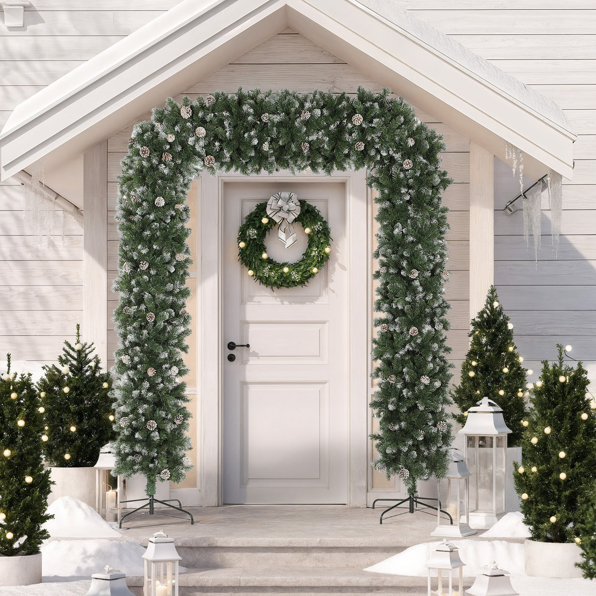 HOMCOM 8.2 ft Snow Frosted Christmas Tree Arch, Christmas Arch Doorway Decor with 1800 Tips and 91 Pinecones, Artificial Xmas Tree with Metal Stand for Indoor, Green