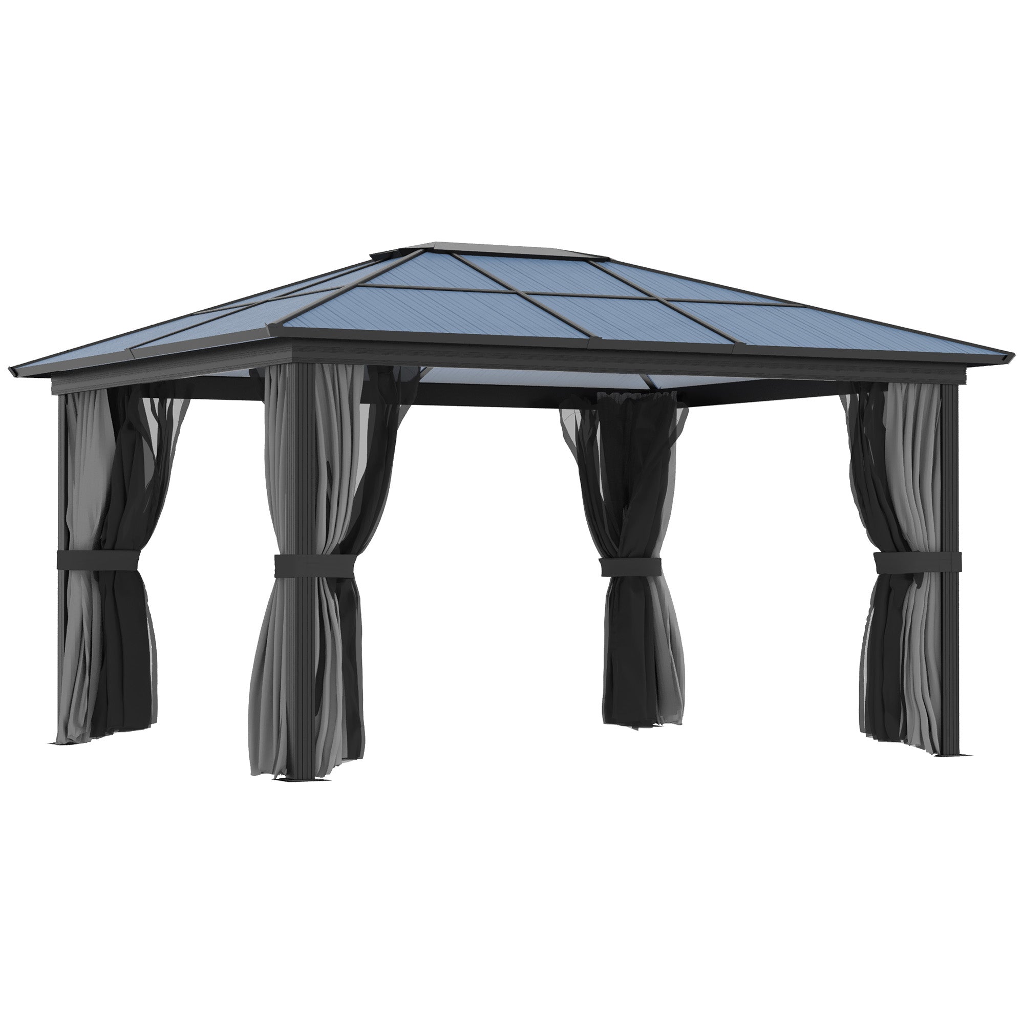 Outsunny 3.6 x 4m Hardtop Gazebo Canopy with Polycarbonate Roof, Aluminium Frame, Permanent Pavilion Garden Gazebo with Netting and Curtains for Patio, Deck, Dark Grey - North Peak Garden Furniture