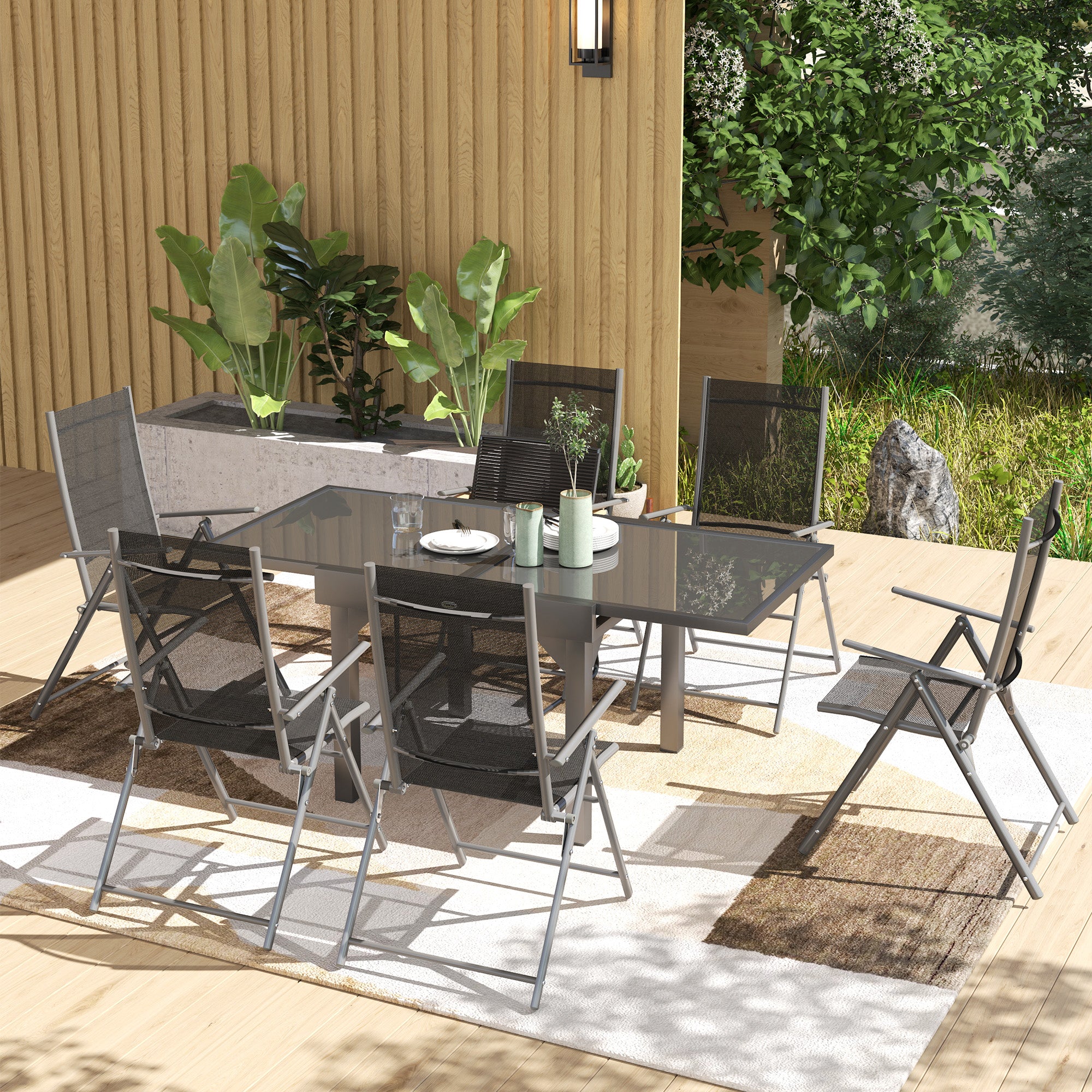 Outsunny 7 Piece Outdoor Dining Set with Extendable Table and 6 Folding Chairs for Patio, Balcony, Deck, Grey - North Peak Garden Furniture
