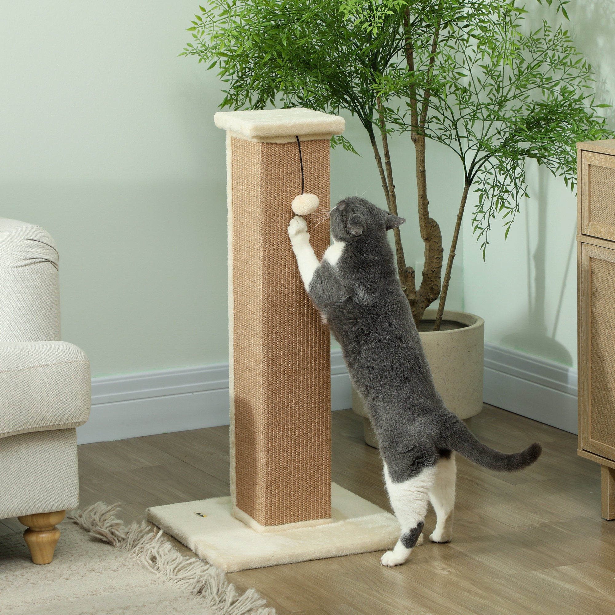 PawHut 81cm Cat Scratcher, Vertical Full Scratcher w/ Natural Jute Rope, Hanging Ball, Soft Plush - Beige - North Peak Garden Furniture