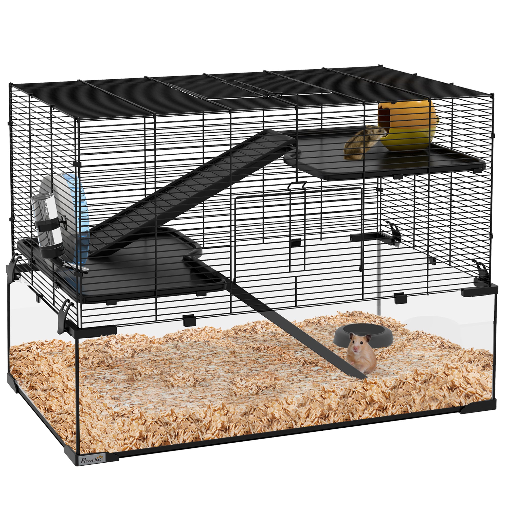 PawHut 3 Tiers Hamster Cage, Gerbil Cage with Deep Glass Bottom, Non-Slip Ramps, Platforms, Hut, Exercise Wheels, Water Bottle, Dish, for Syrian Hamster, Dwarf Hamster, 78.5 x 48.5 x 57cm - North Peak Garden Furniture