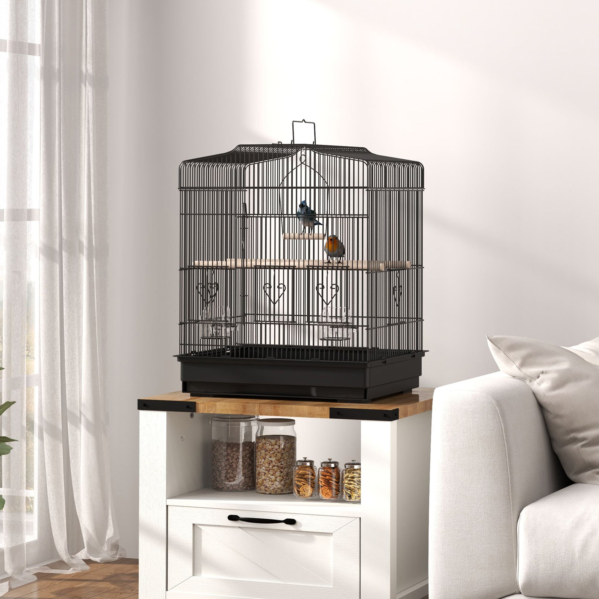PawHut Large Metal Bird Cage with Stand, Perches, Food Bowls, Swing for Budgie, Parakeet, 46.5 x 36 x 59cm, Black - North Peak Garden Furniture