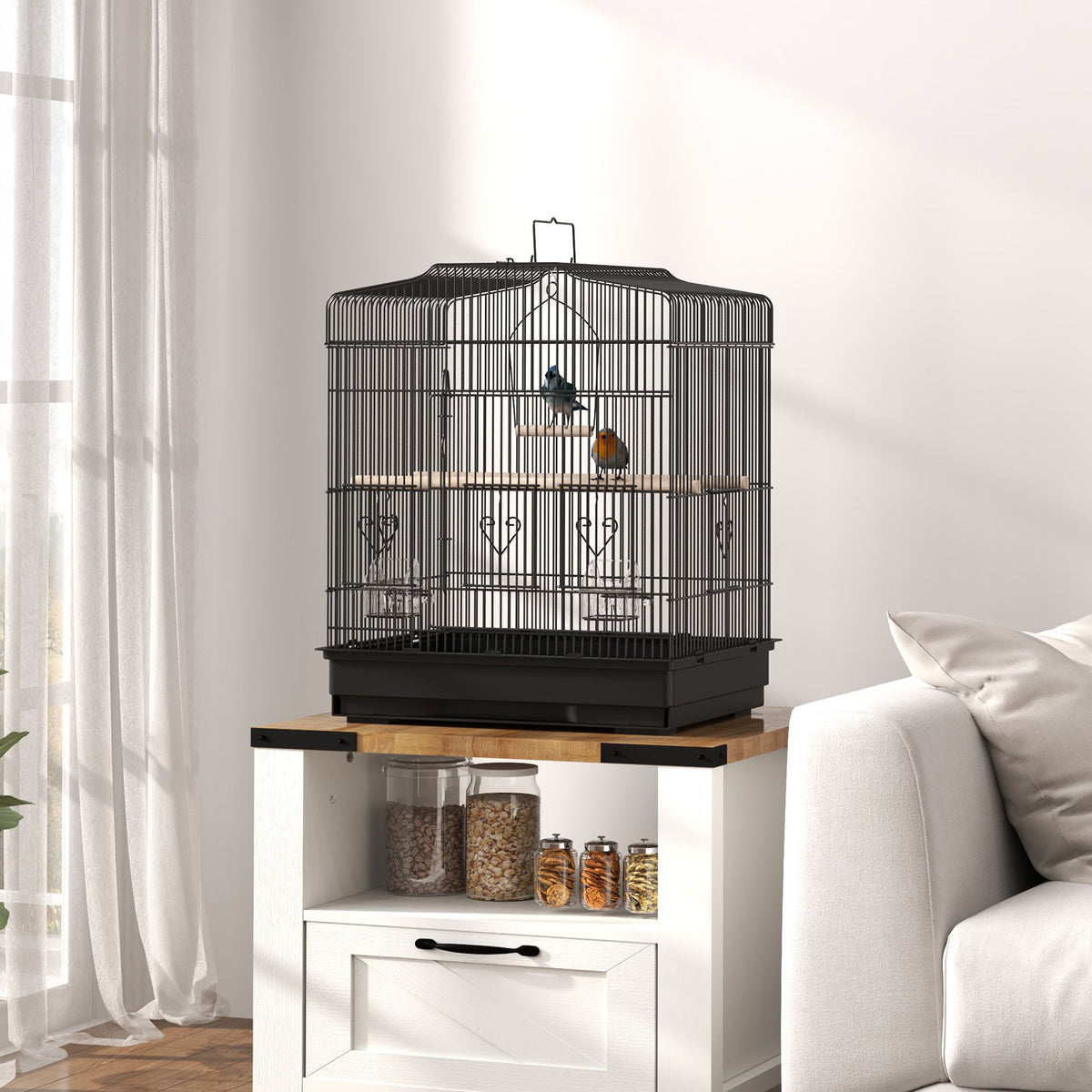 PawHut Large Metal Bird Cage with Perches, Food Bowls, Swing, for Budgies, Parakeets, Black