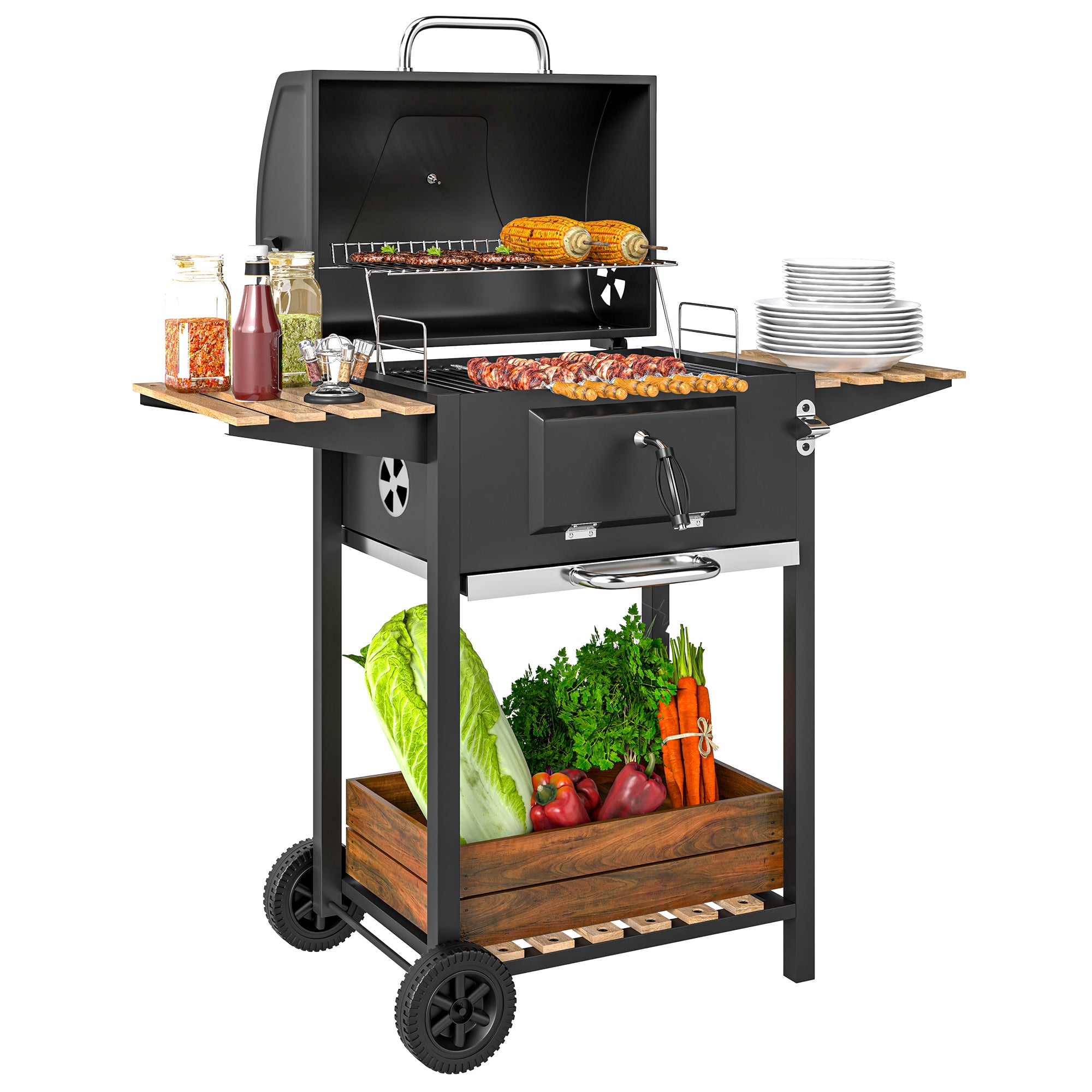 Outsunny Charcoal BBQ Grill with Height Adjustable Charcoal Pan, Portable Barbecue Smoker with Warming Rack, 3 Shelves, Temperature Gauge, Wheels, Bottle Opener for Outdoor Cooking Garden Party - North Peak Garden Furniture