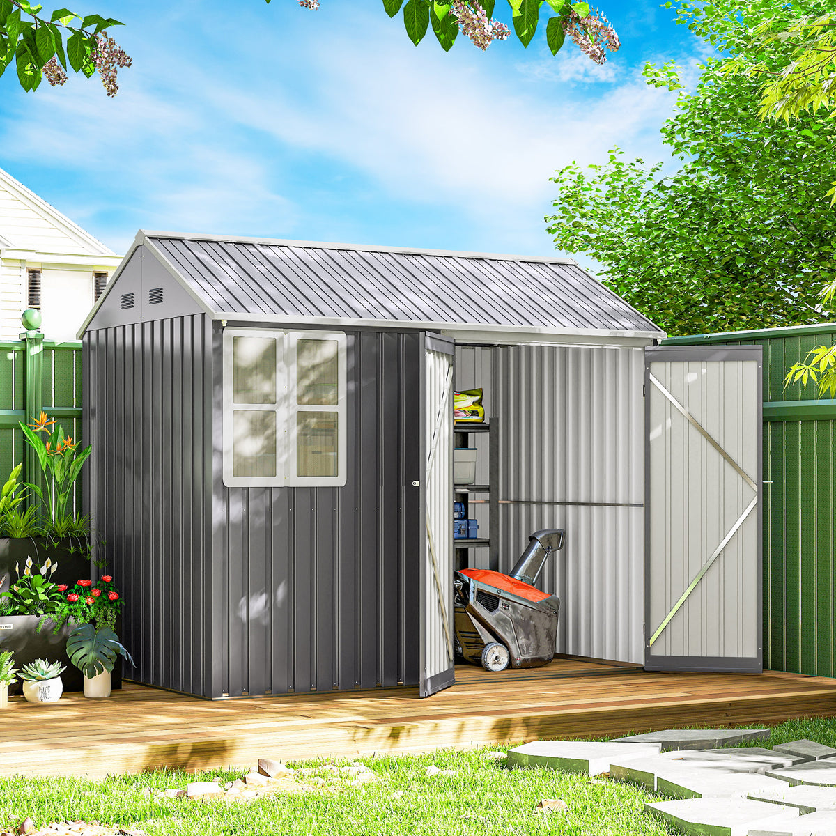 Outsunny 8 x 6 ft Galvanised Garden Shed, Outsoor Metal Storage Shed with Double Doors Window Air Vents for Patio, Lawn, Grey